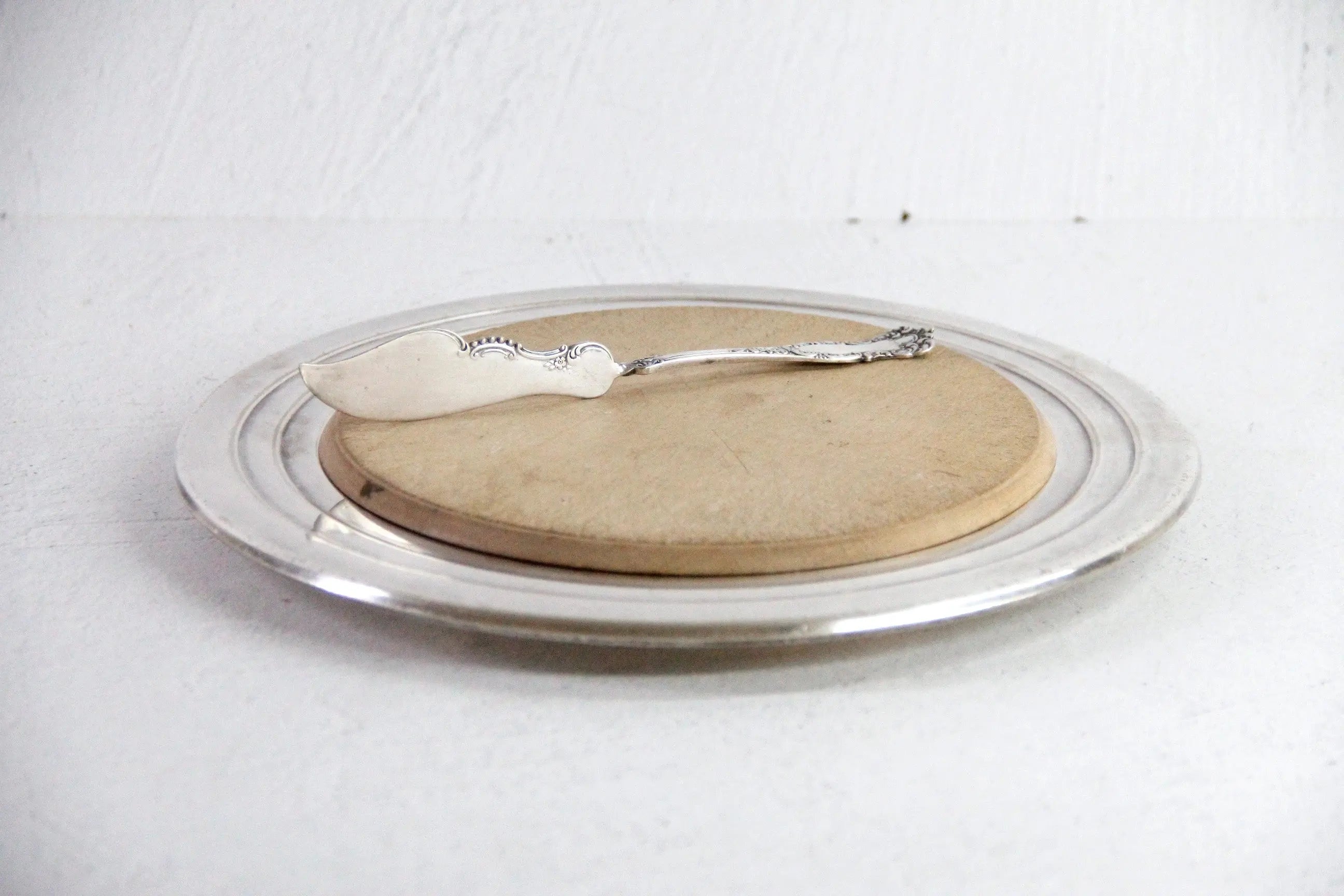 Antique Bread Board With Silver Serving Tray | England Debra Hall Lifestyle