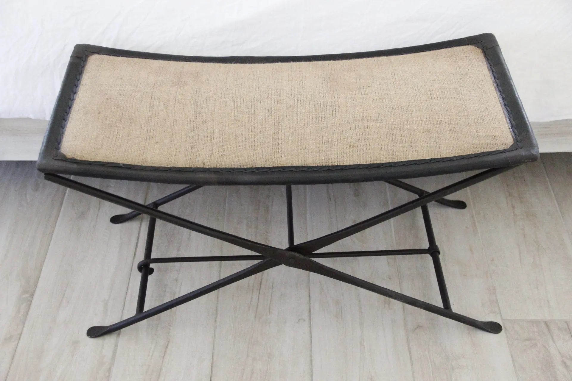Black Iron Bench | Upholstered Black Leather & Burlap Debra Hall Lifestyle