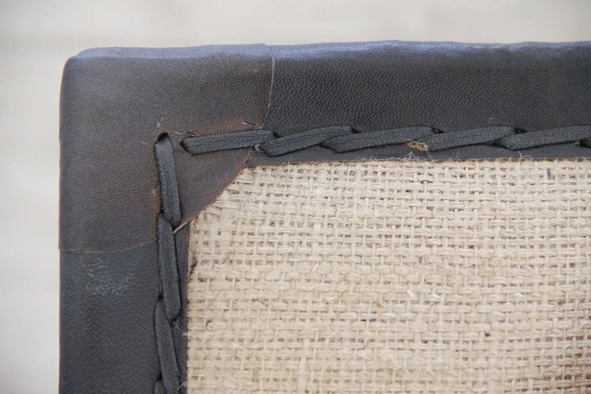 Black Iron Bench | Upholstered Black Leather & Burlap  Debra Hall Lifestyle