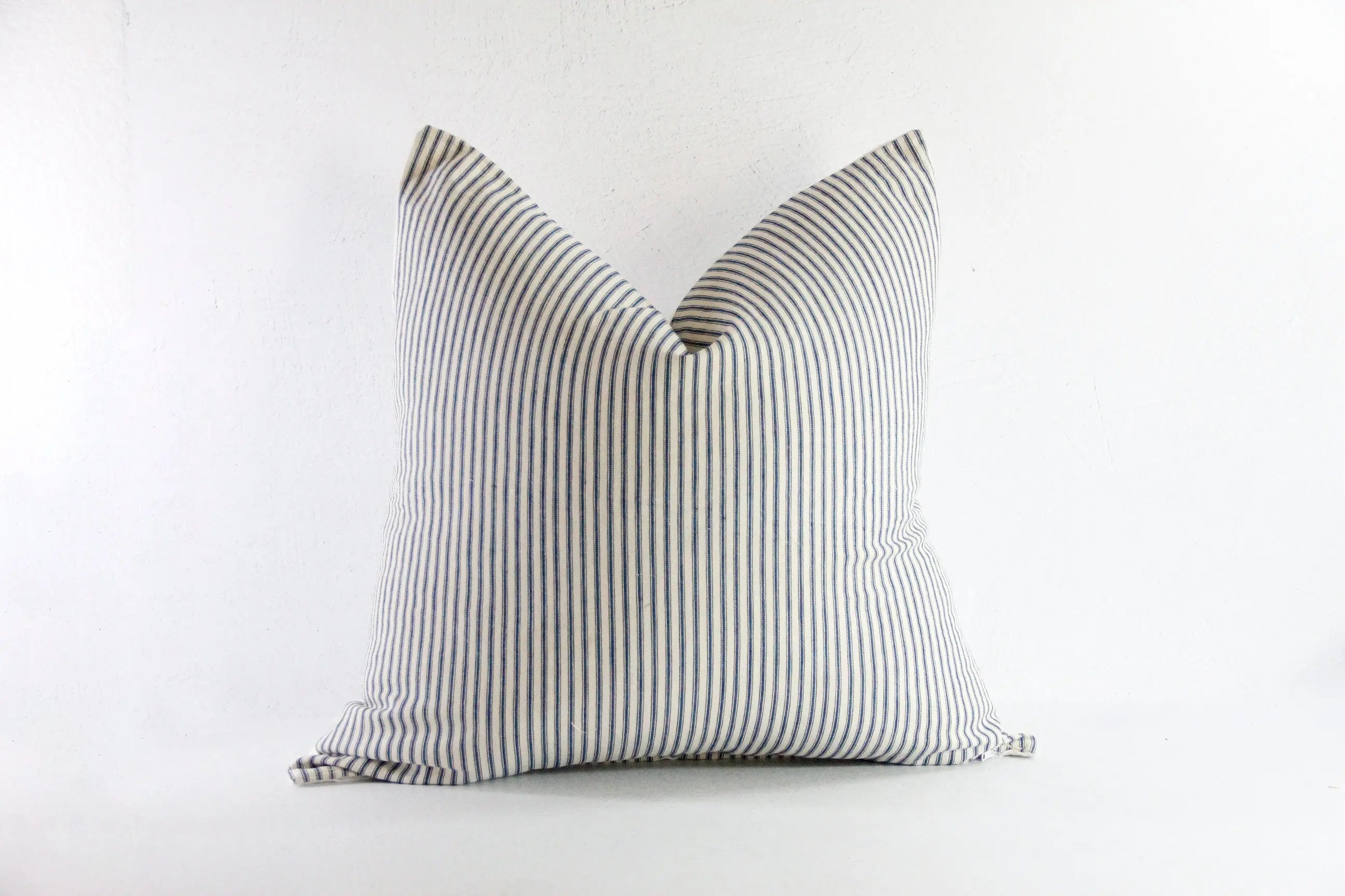 Blue Ticking Stripe Pillow | Antique French Blue and Cream Cover Debra Hall Lifestyle