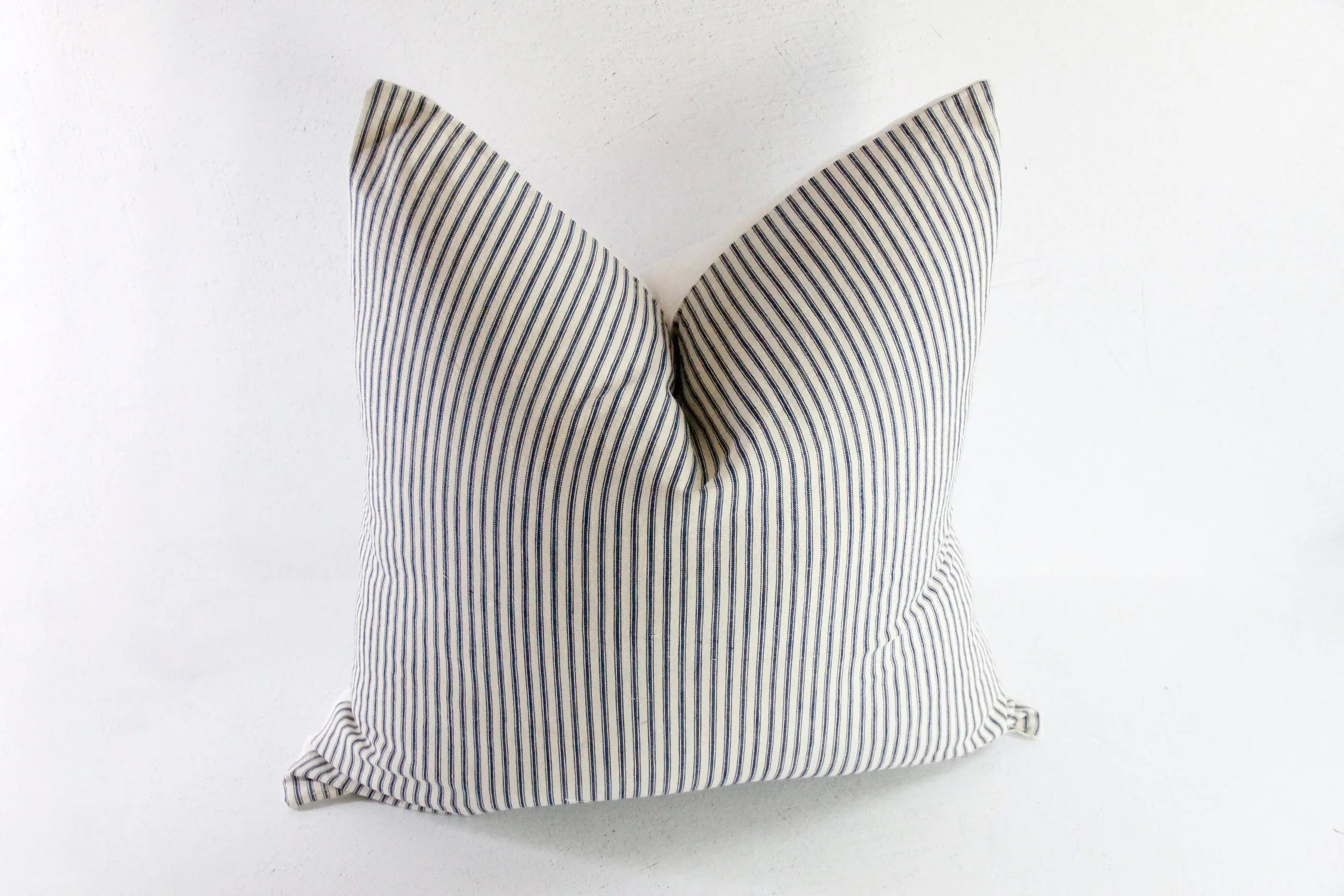 Blue Ticking Stripe Pillow | Antique French Blue and Cream Cover Debra Hall Lifestyle