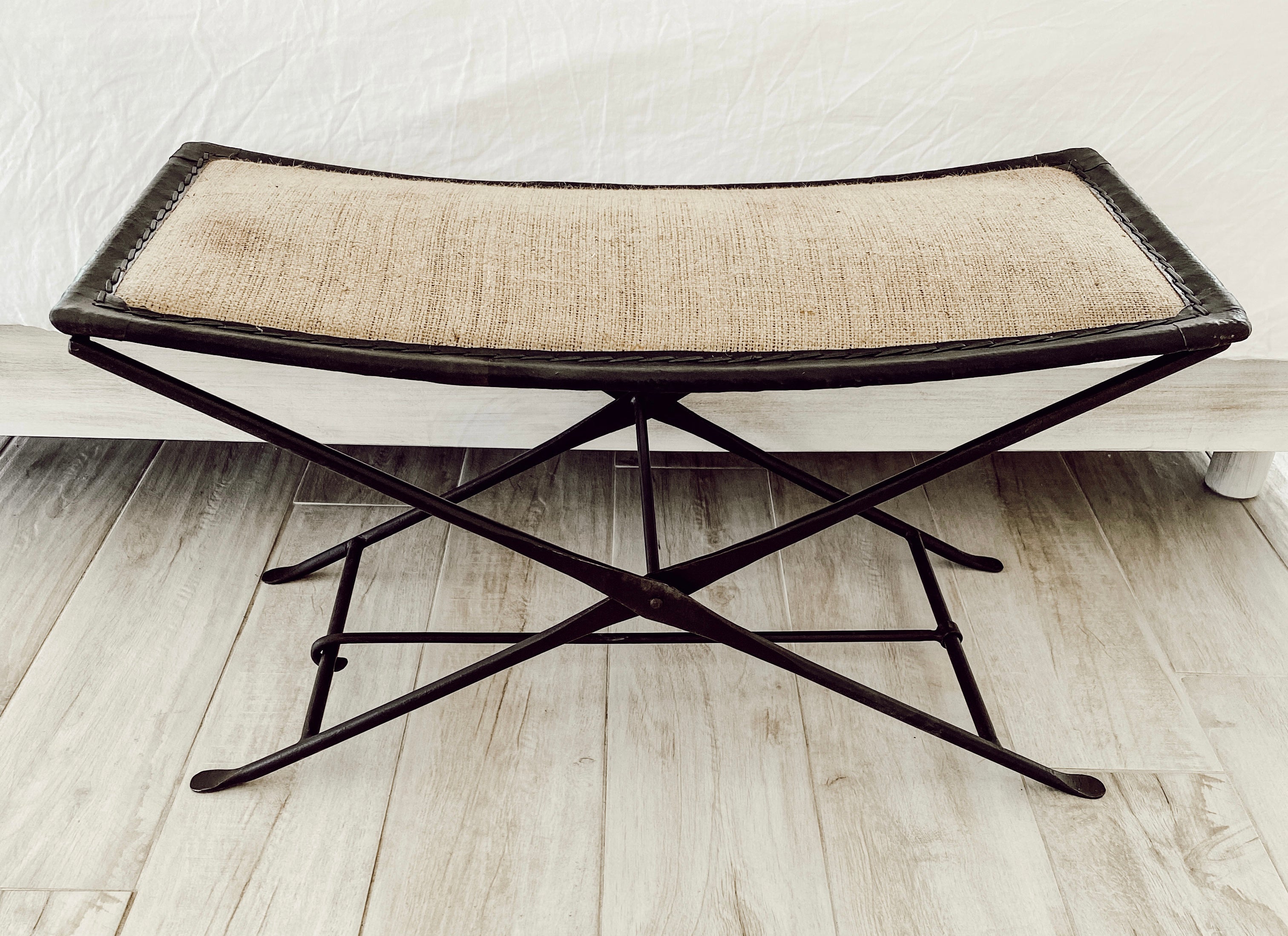 Black iron, leather and burlap folding bench, bedroom end seat, extra seating
