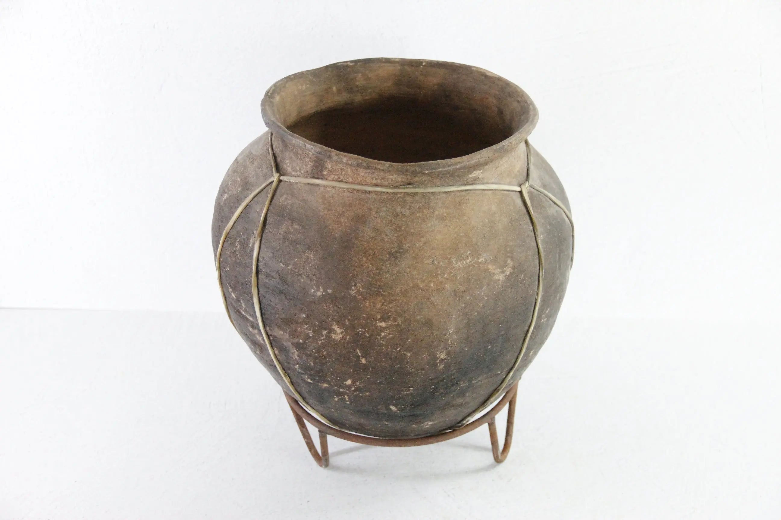Tarahumara Indian Pottery Olla | Vintage Rawhide Bound Vessel on Stand Debra Hall Lifestyle