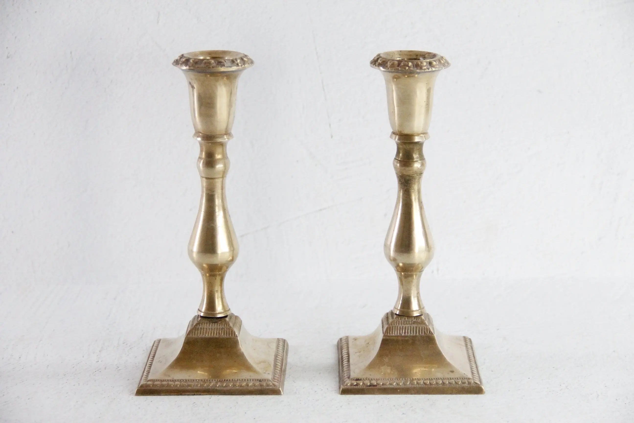 Vintage Brass Candle Holders Pair | Square Base With Floral Top Debra Hall Lifestyle