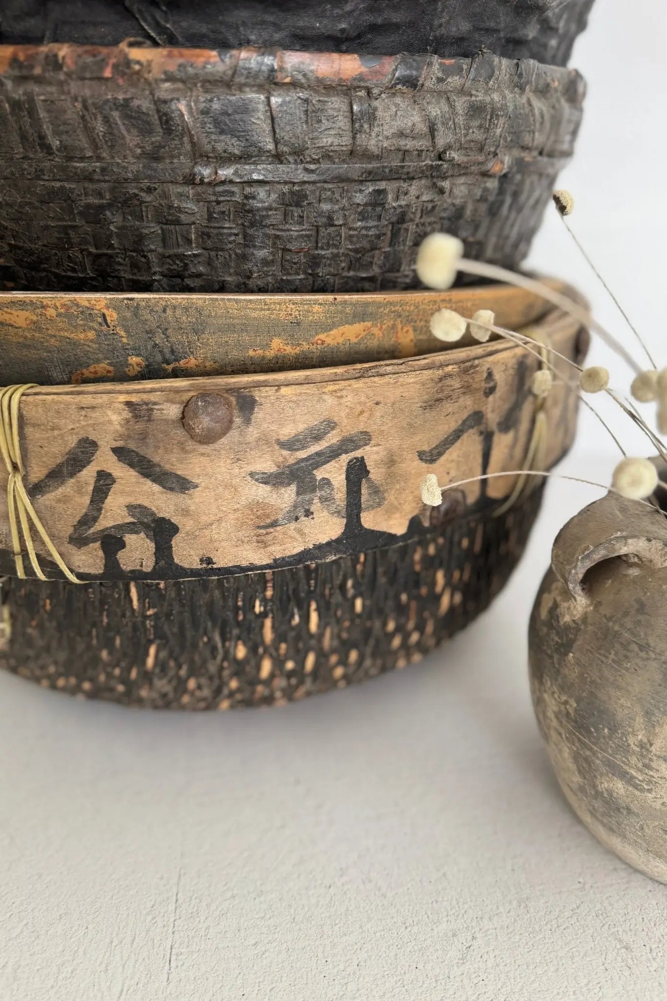 Vintage Chinese Basket | Black Willow & Bleached Bamboo  Debra Hall Lifestyle