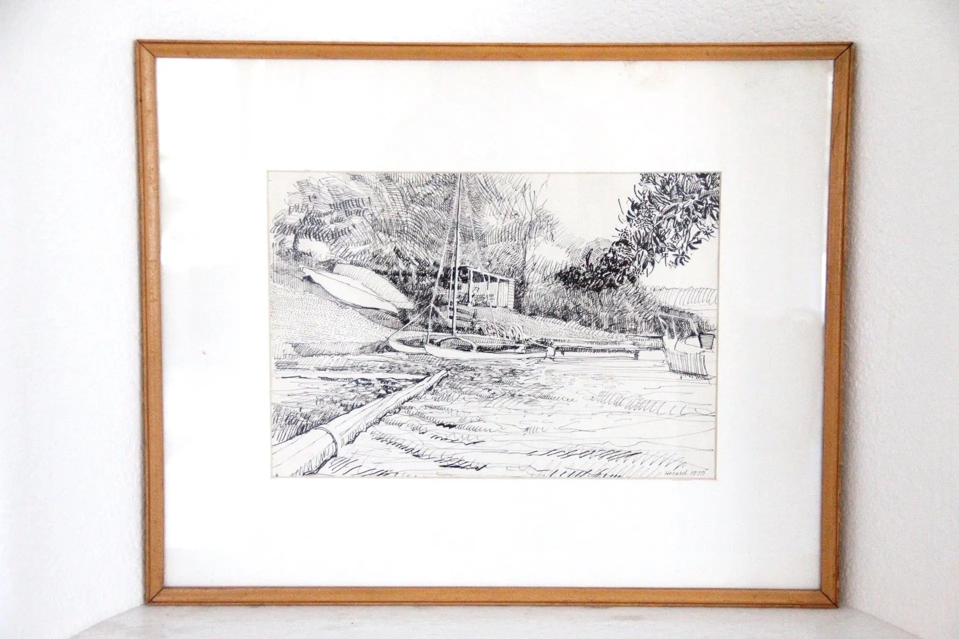 Vintage Original Ink Lakefront Landscape Framed | Signed & Dated 1979 | Wall Art  Debra Hall Lifestyle