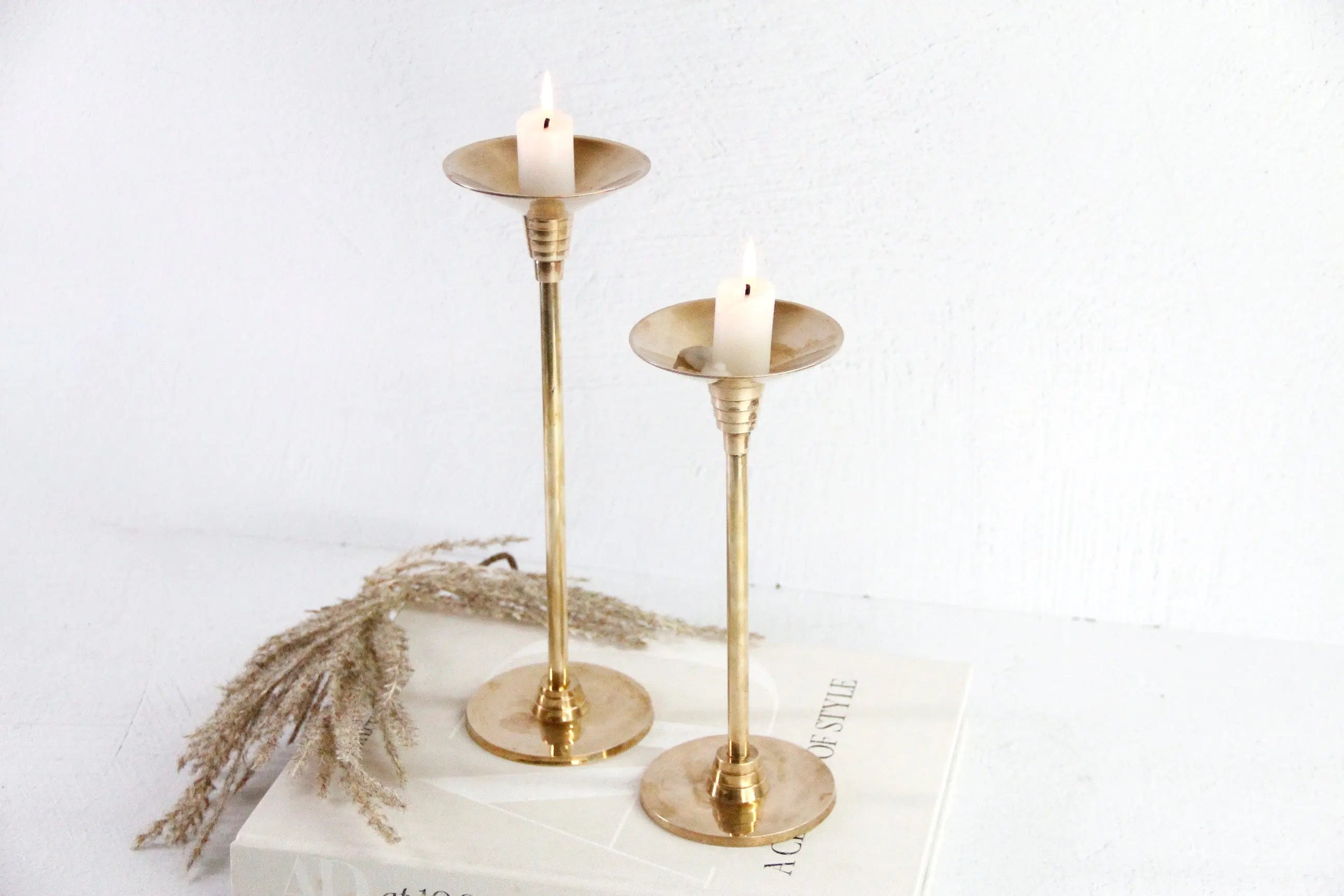 Vintage Solid Brass Candle Holders | Art Deco Pair Debra Hall Lifestyle