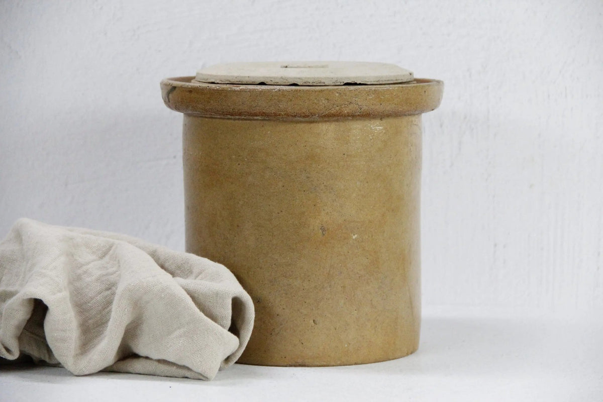 Antique Stoneware Crock With Lid | Rustic Wabi-Sabi Pottery - Debra Hall Lifestyle