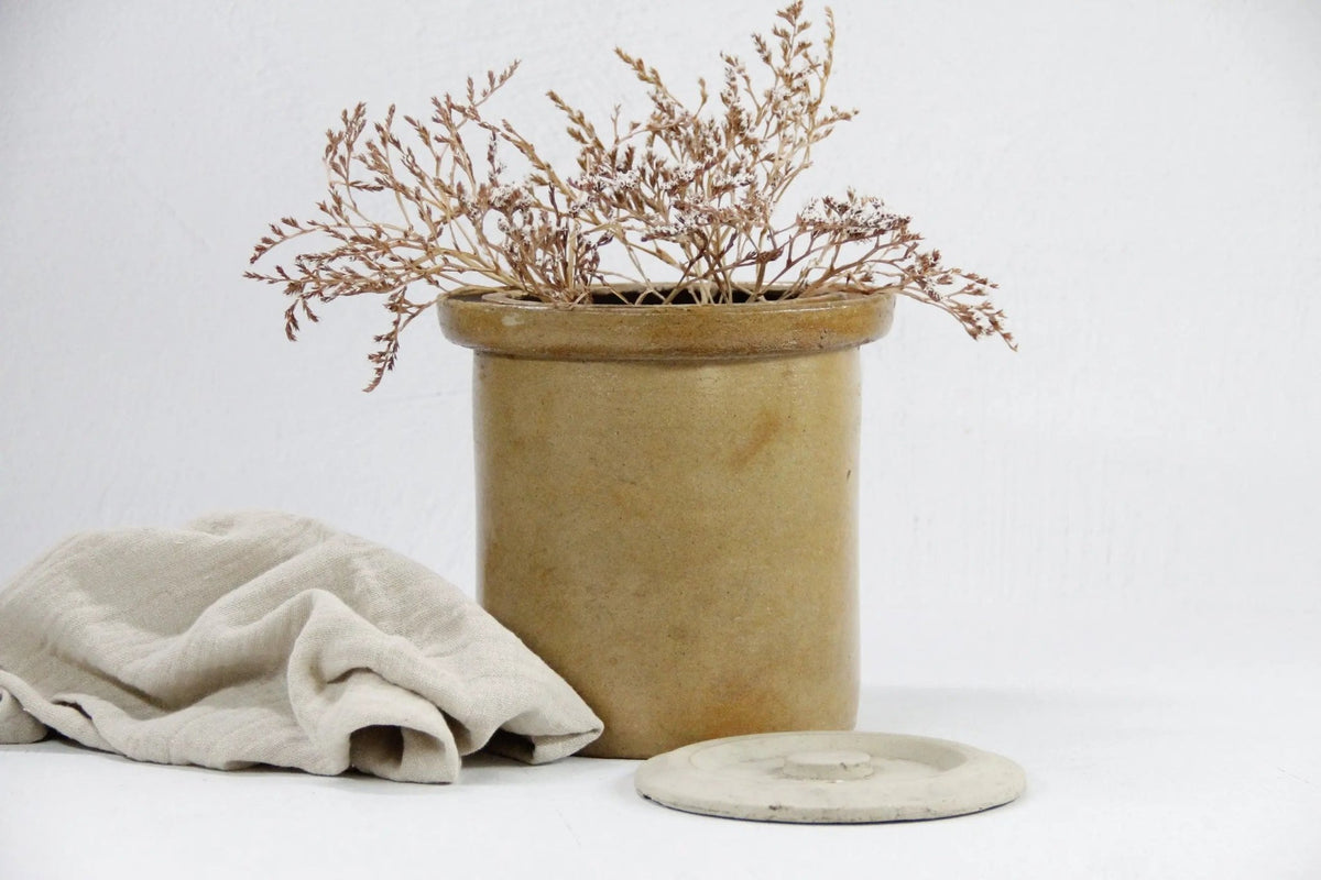 Antique Stoneware Crock With Lid | Rustic Wabi-Sabi Pottery - Debra Hall Lifestyle