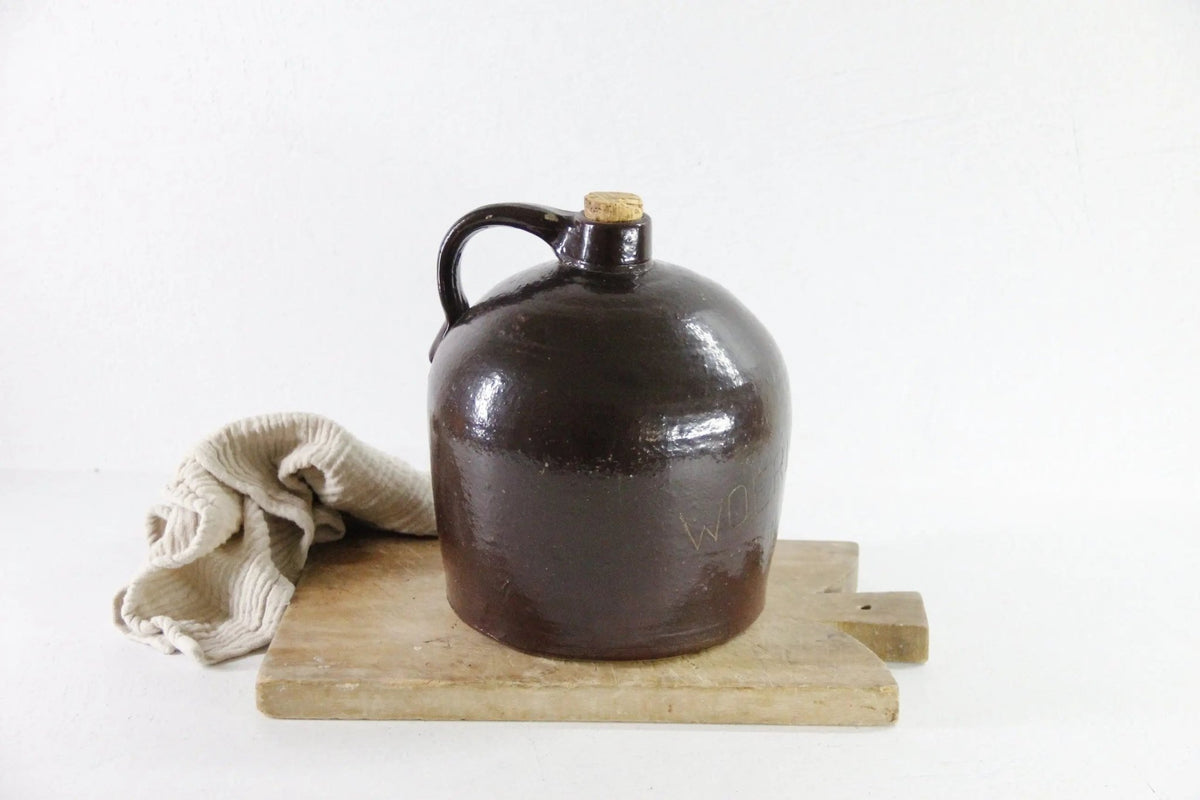 Antique Stoneware Whiskey Jug | Farmhouse Rich Dark Brown Pottery - Debra Hall Lifestyle