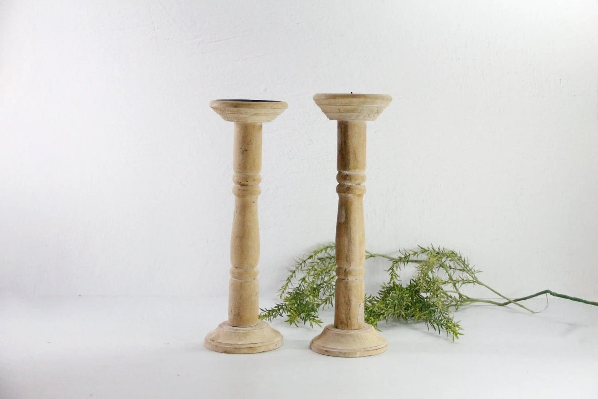 Antique Wooden Candlesticks | Tall Carved Bleached Pair - Debra Hall Lifestyle