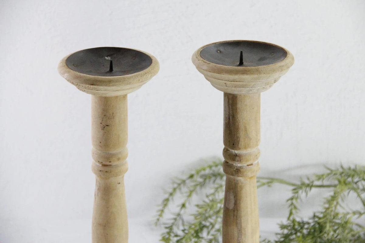 Antique Wooden Candlesticks | Tall Carved Bleached Pair - Debra Hall Lifestyle