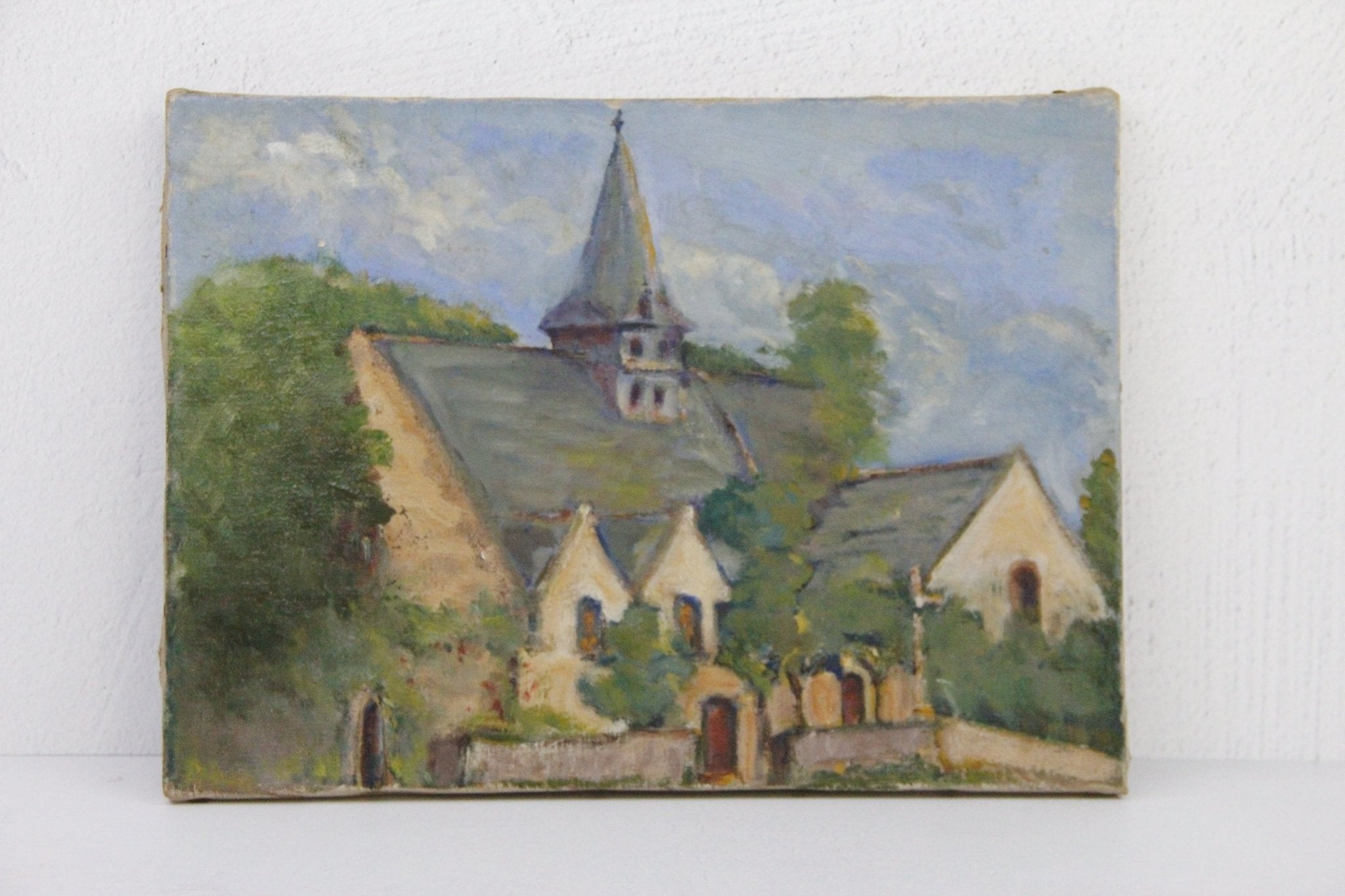 Antique French Painting | Village Church - Debra Hall Lifestyle