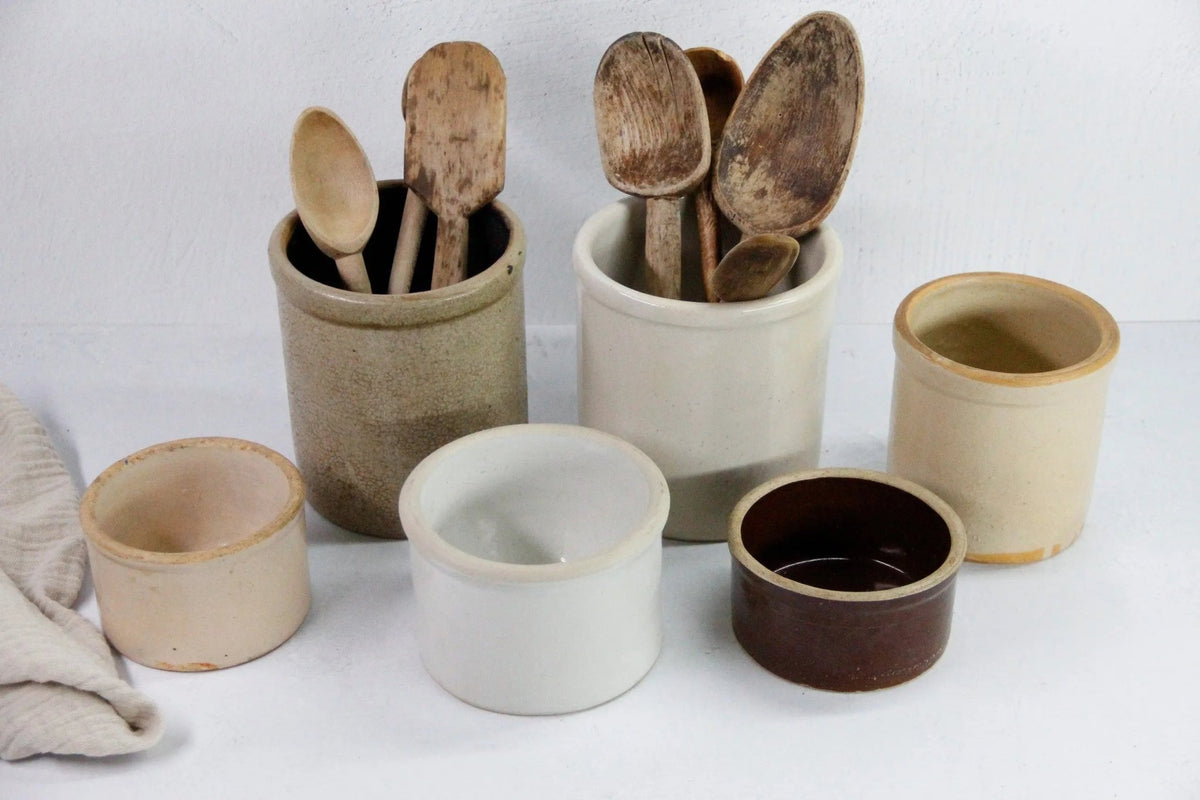 Assorted Antique Stoneware Crocks | Utensil Kitchen Decor - Debra Hall Lifestyle