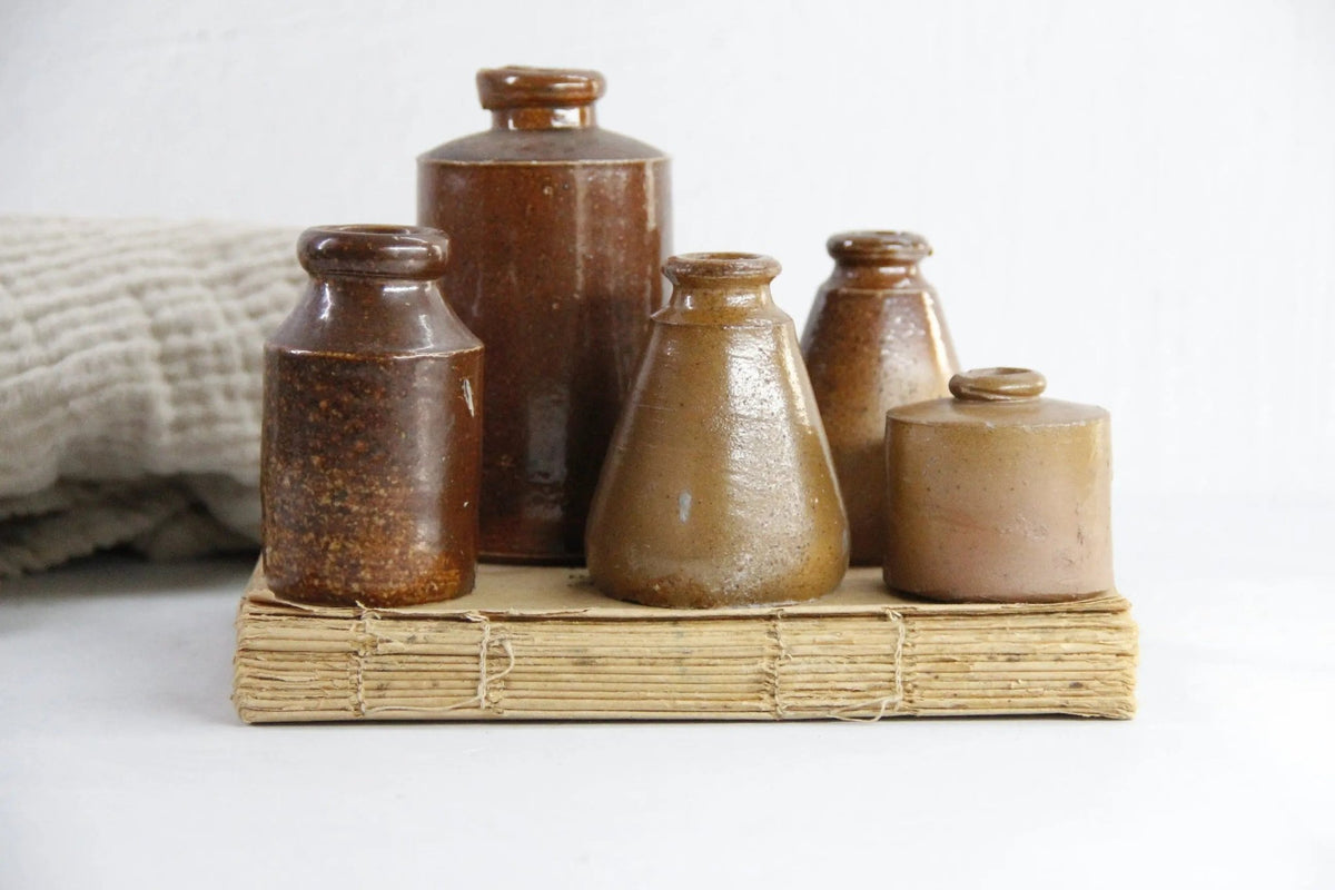 Assorted Antique Stoneware Inkwell Bottle | Mini Crock - Debra Hall Lifestyle