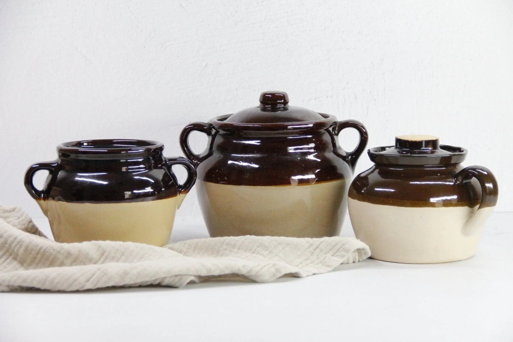 Assorted Vintage Brown Dipped Bean Pots | USA Stoneware Crocks - Debra Hall Lifestyle