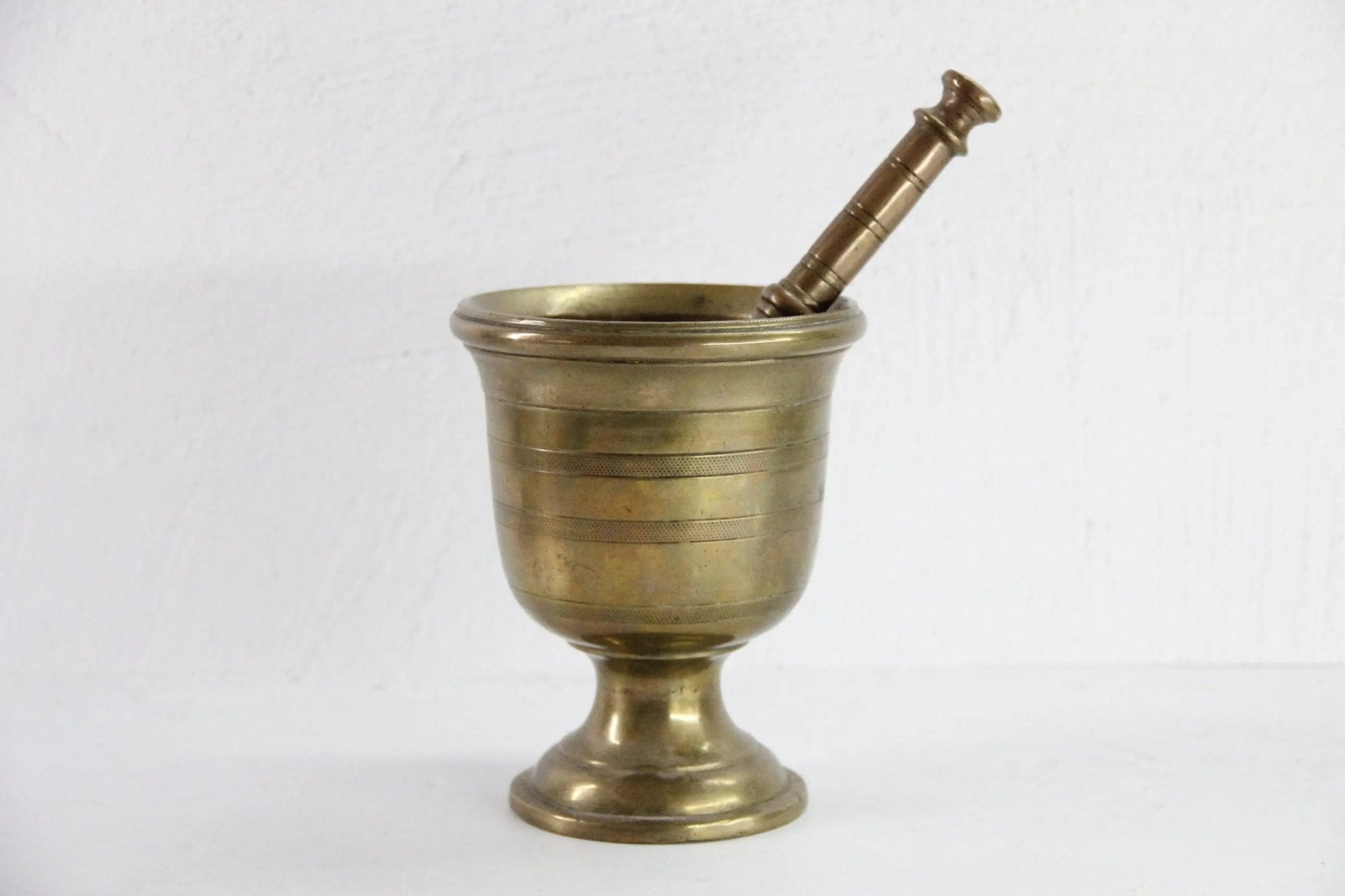 Large Antique Brass Mortar and Pestle | Etched Pedestal-19th C. - Debra Hall Lifestyle