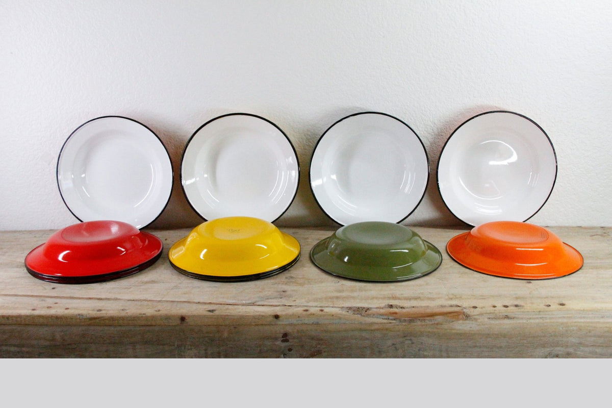 Vintage Enamel Bowls Pair Polish Midcentury Shallow Soup Bowls - Debra Hall Lifestyle