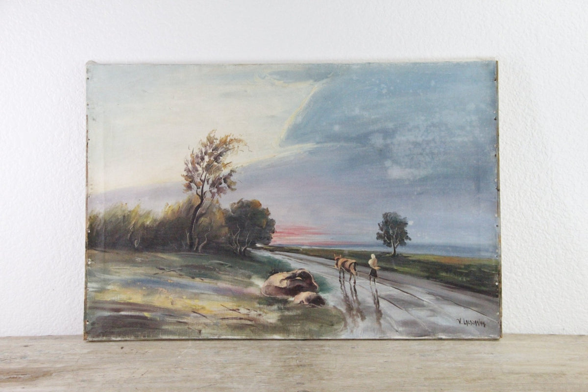 Vintage English Oil Landscape Painting | Pastoral Cattle Scene - Debra Hall Lifestyle
