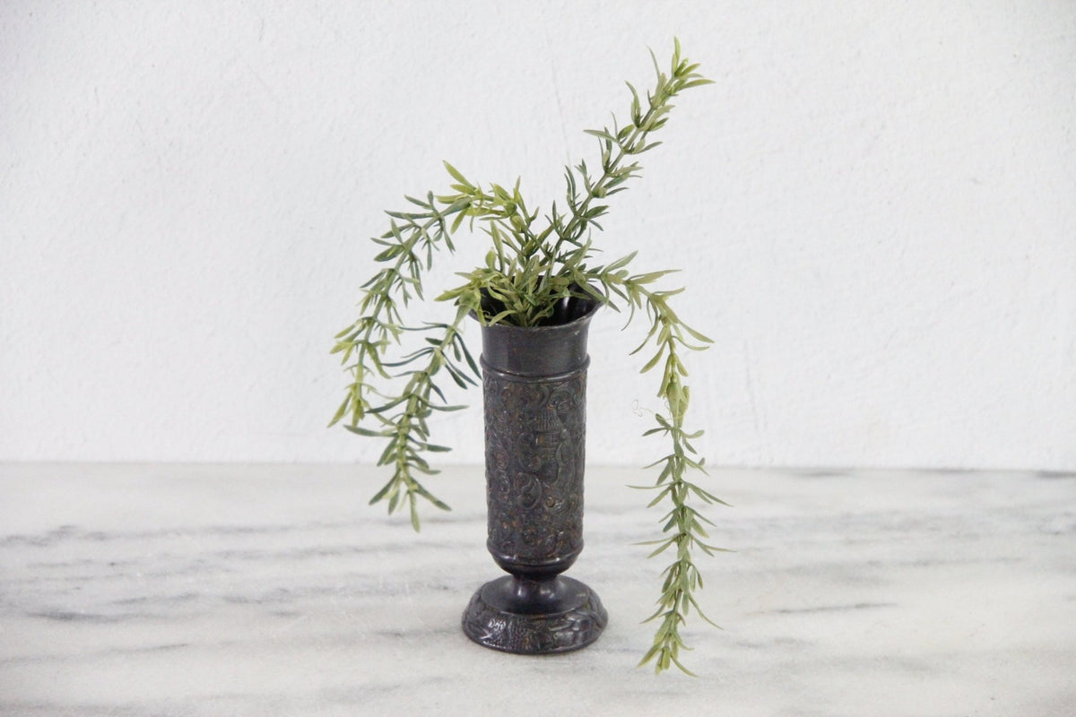 Vintage English Pewter Vase | Embossed Pedestal Bud Vessel - Debra Hall Lifestyle