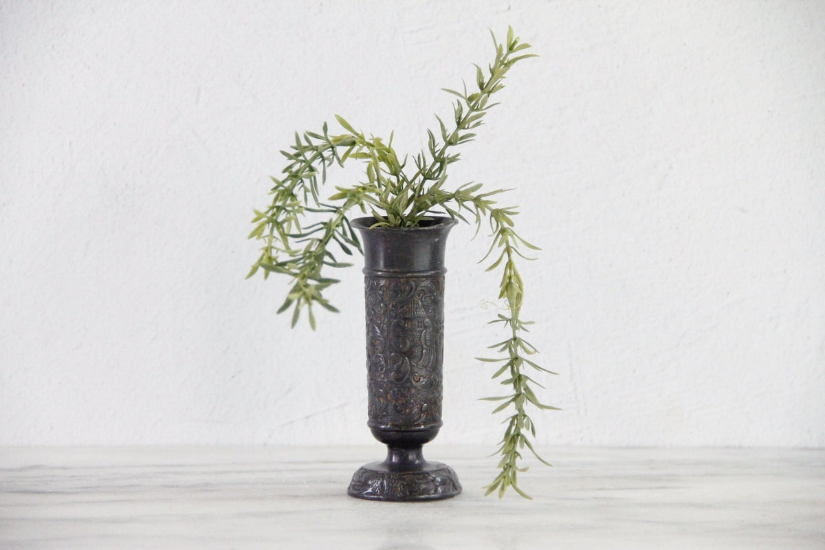 Vintage English Pewter Vase | Embossed Pedestal Bud Vessel - Debra Hall Lifestyle