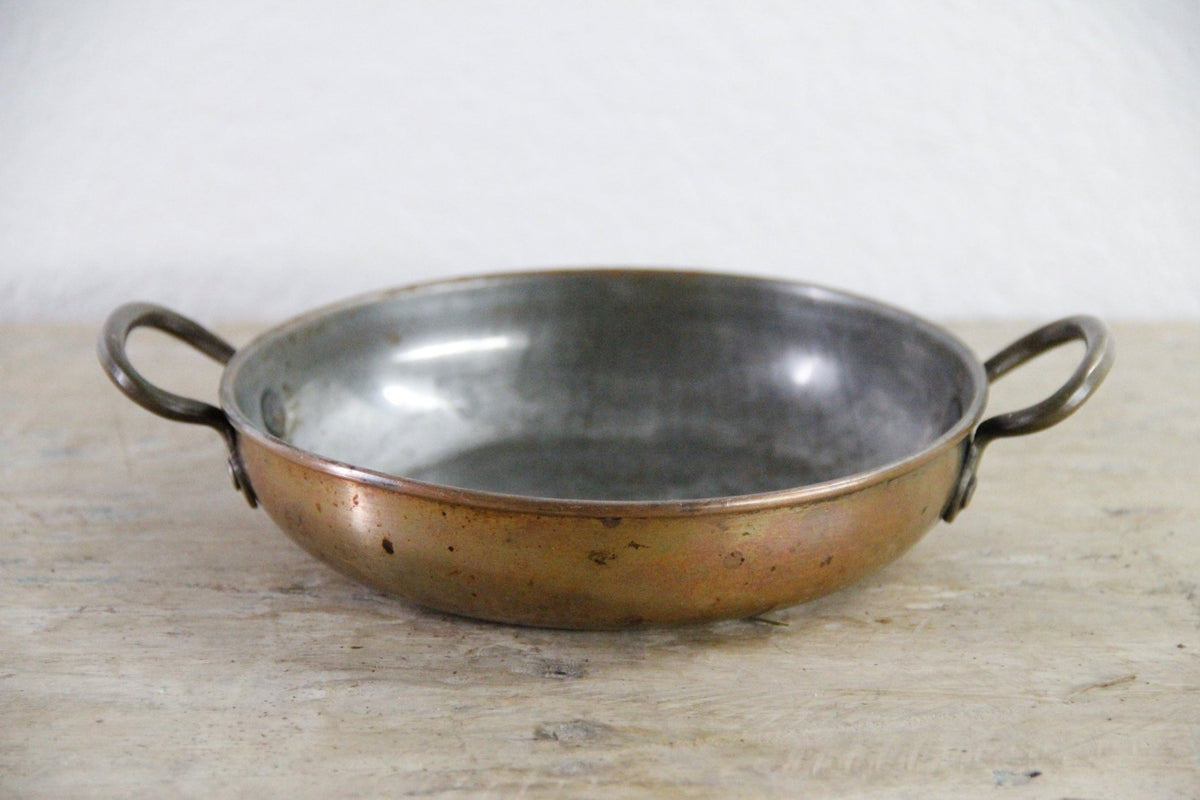 Vintage European Copper Gratin Pan Tin Lined Brass Handles - Debra Hall Lifestyle