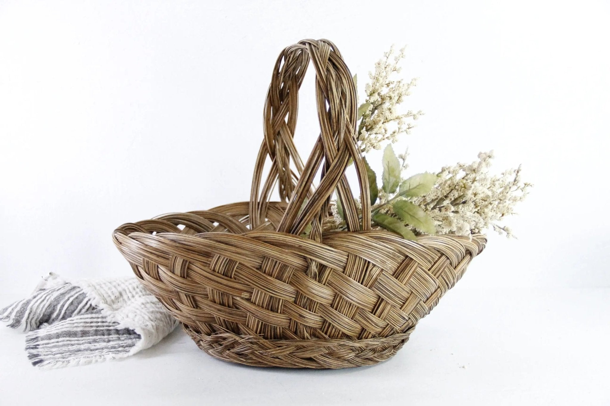 Vintage Flower Basket | Woven Wicker Gathering With Handle - Debra Hall Lifestyle