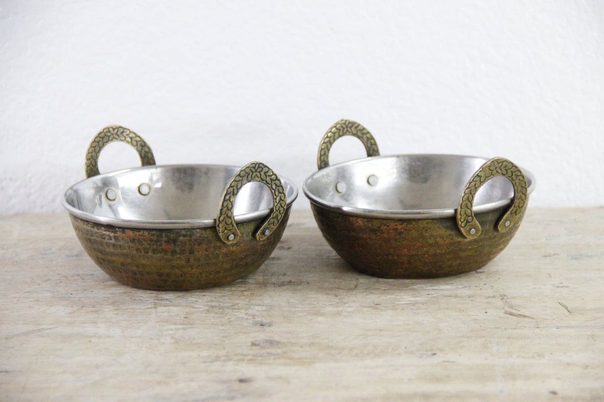 Vintage Indian Karahi Bowls Pair Hammered Copper Brass Handles - Debra Hall Lifestyle