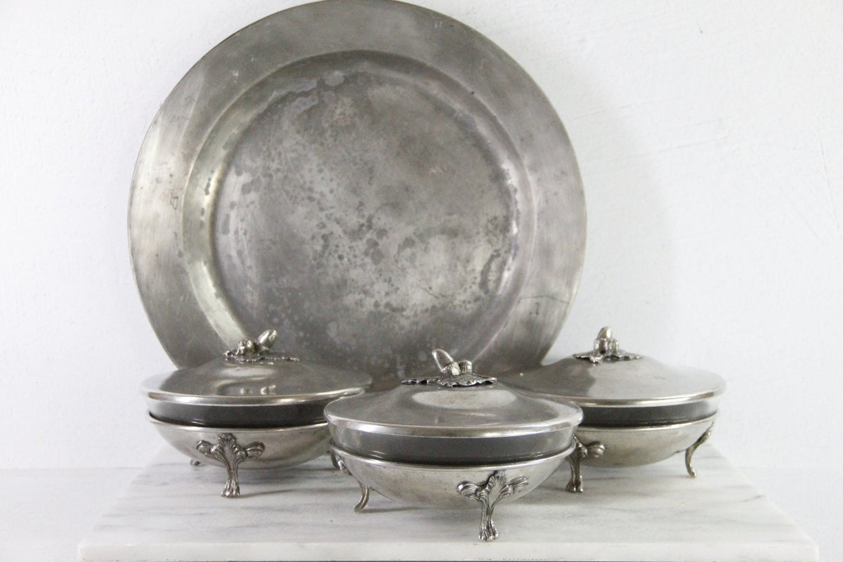 Vintage Pewter Serving Bowl | Footed Glass Liner Dish - Debra Hall Lifestyle