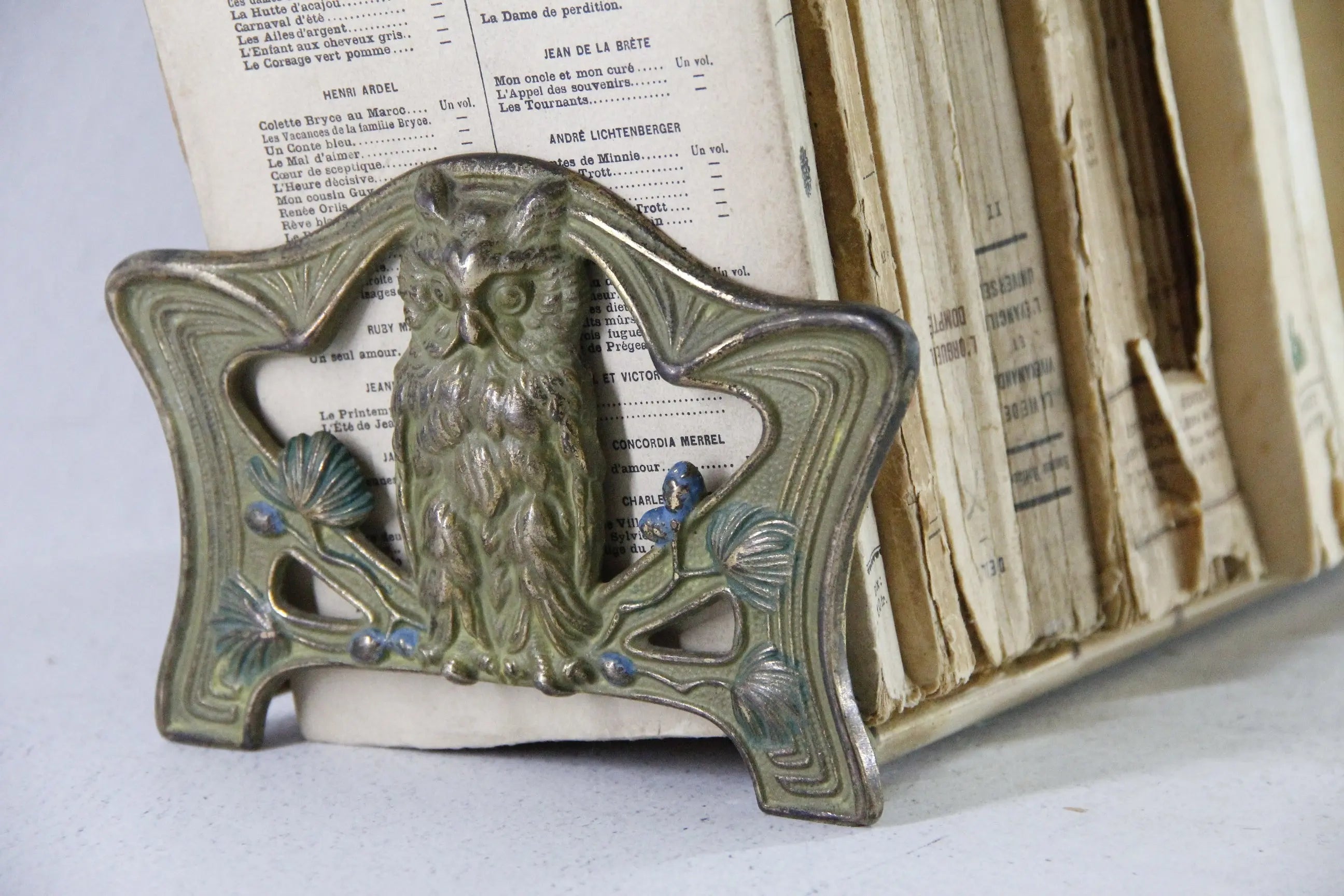 Antique Book Rack Owl Art Nouveau Expandable Brass