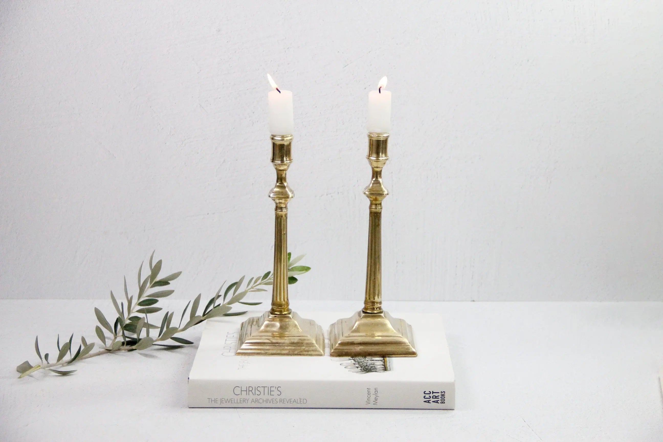 Antique Brass Candlesticks Pair, 10.5" Fluted Square Base  Debra Hall Lifestyle