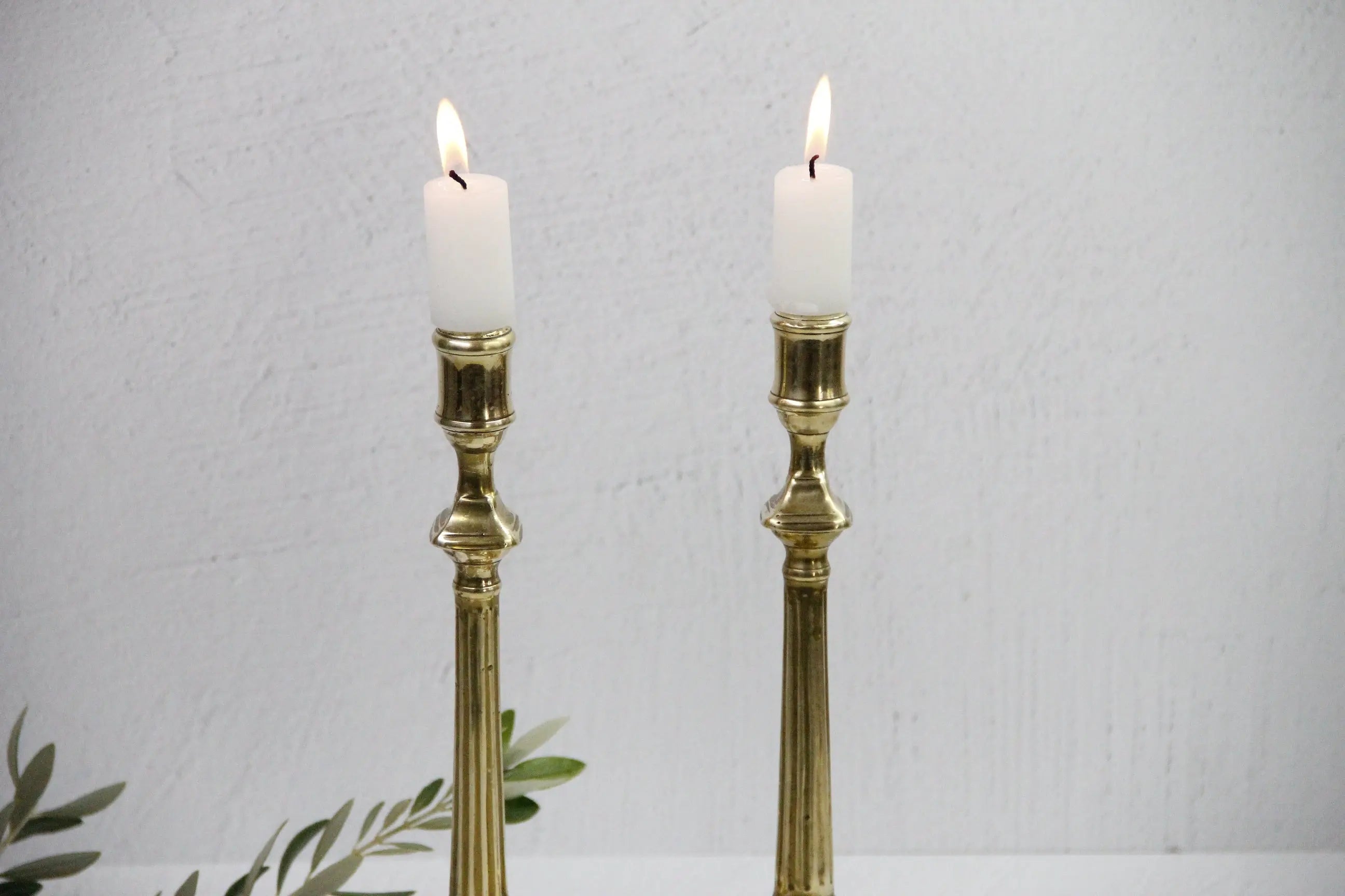 Antique Brass Candlesticks Pair, 10.5" Fluted Square Base  Debra Hall Lifestyle