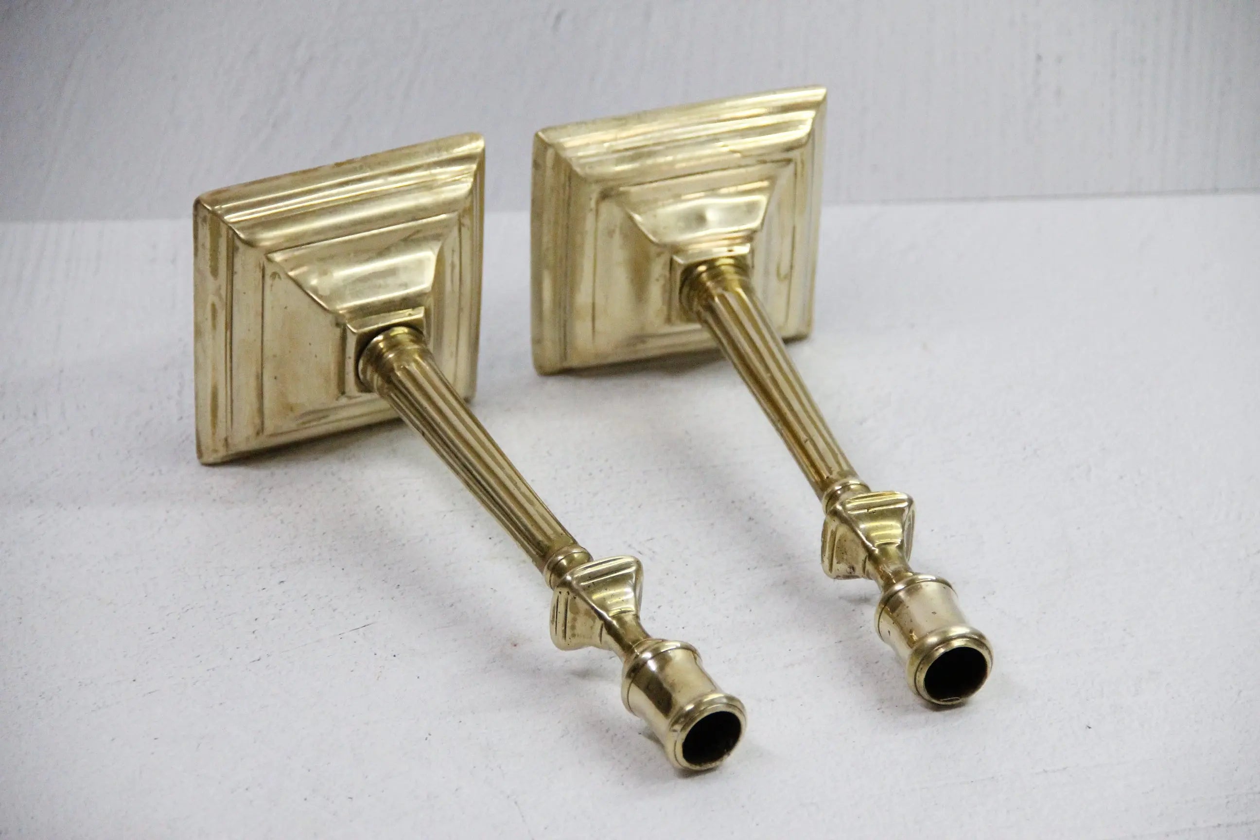 Antique Brass Candlesticks Pair, 10.5" Fluted Square Base  Debra Hall Lifestyle