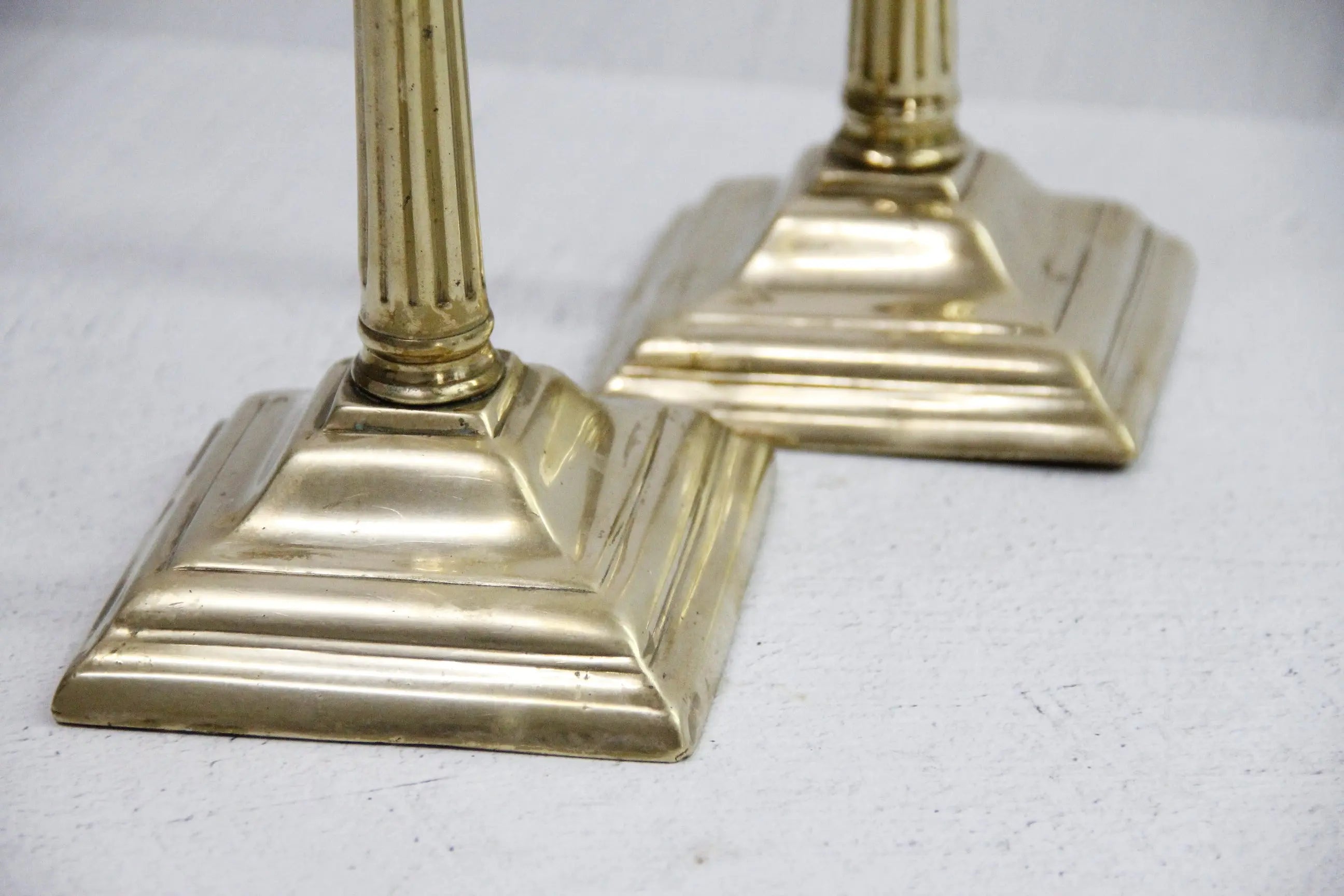Antique Brass Candlesticks Pair, 10.5" Fluted Square Base  Debra Hall Lifestyle