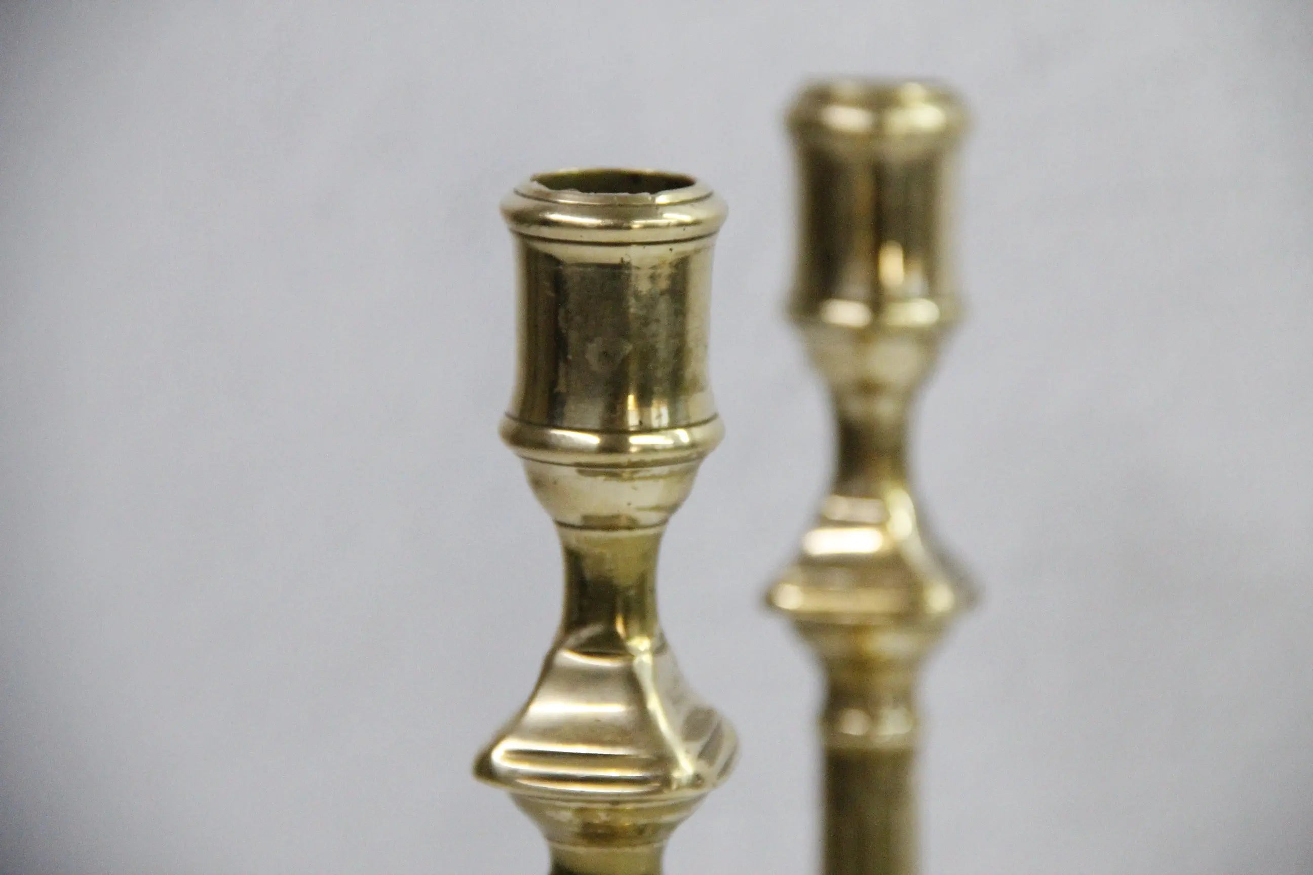 Antique Brass Candlesticks Pair, 10.5" Fluted Square Base  Debra Hall Lifestyle