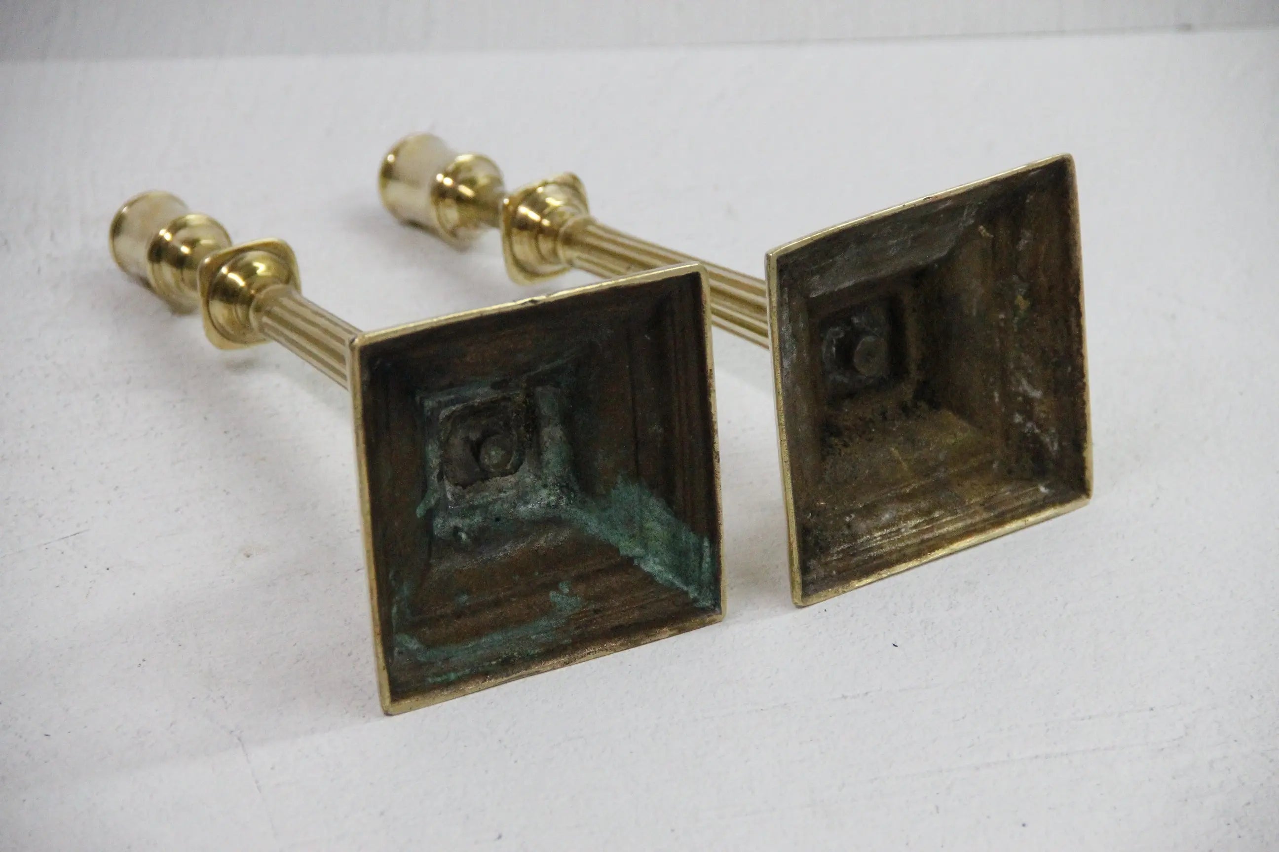 Antique Brass Candlesticks Pair, 10.5" Fluted Square Base  Debra Hall Lifestyle