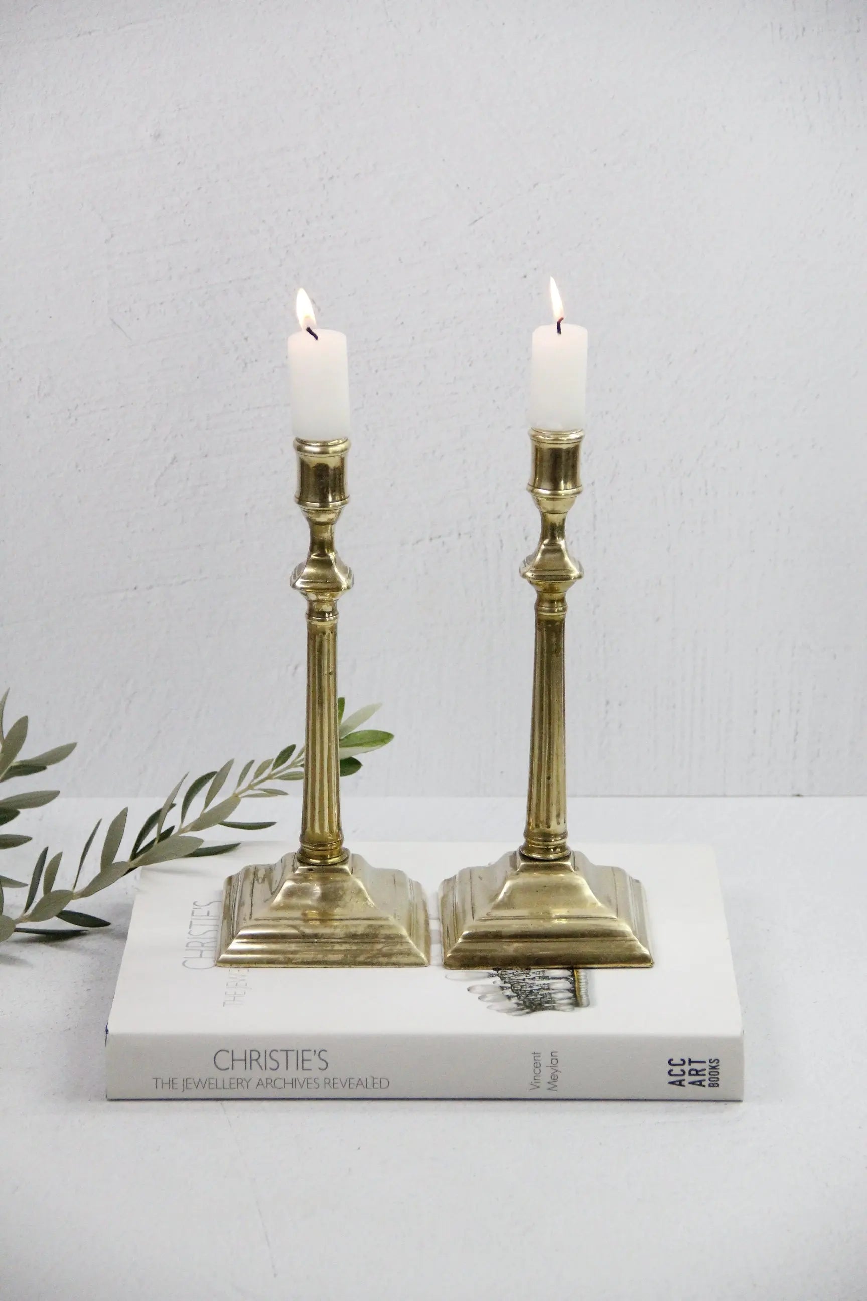 Antique Brass Candlesticks Pair, 10.5" Fluted Square Base  Debra Hall Lifestyle
