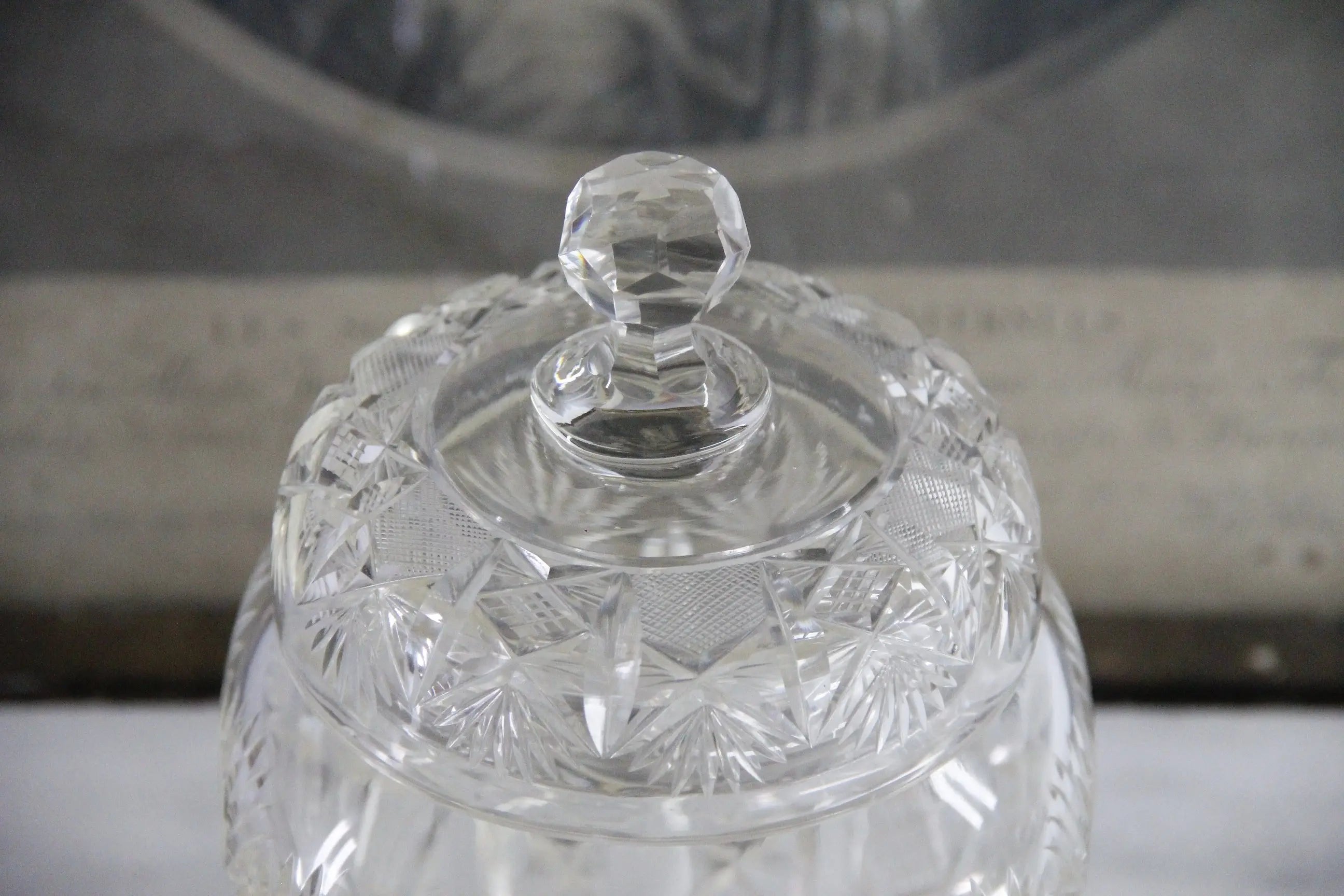 Antique Cut Crystal Biscuit Jar | Lidded Storage Vessel  Debra Hall Lifestyle