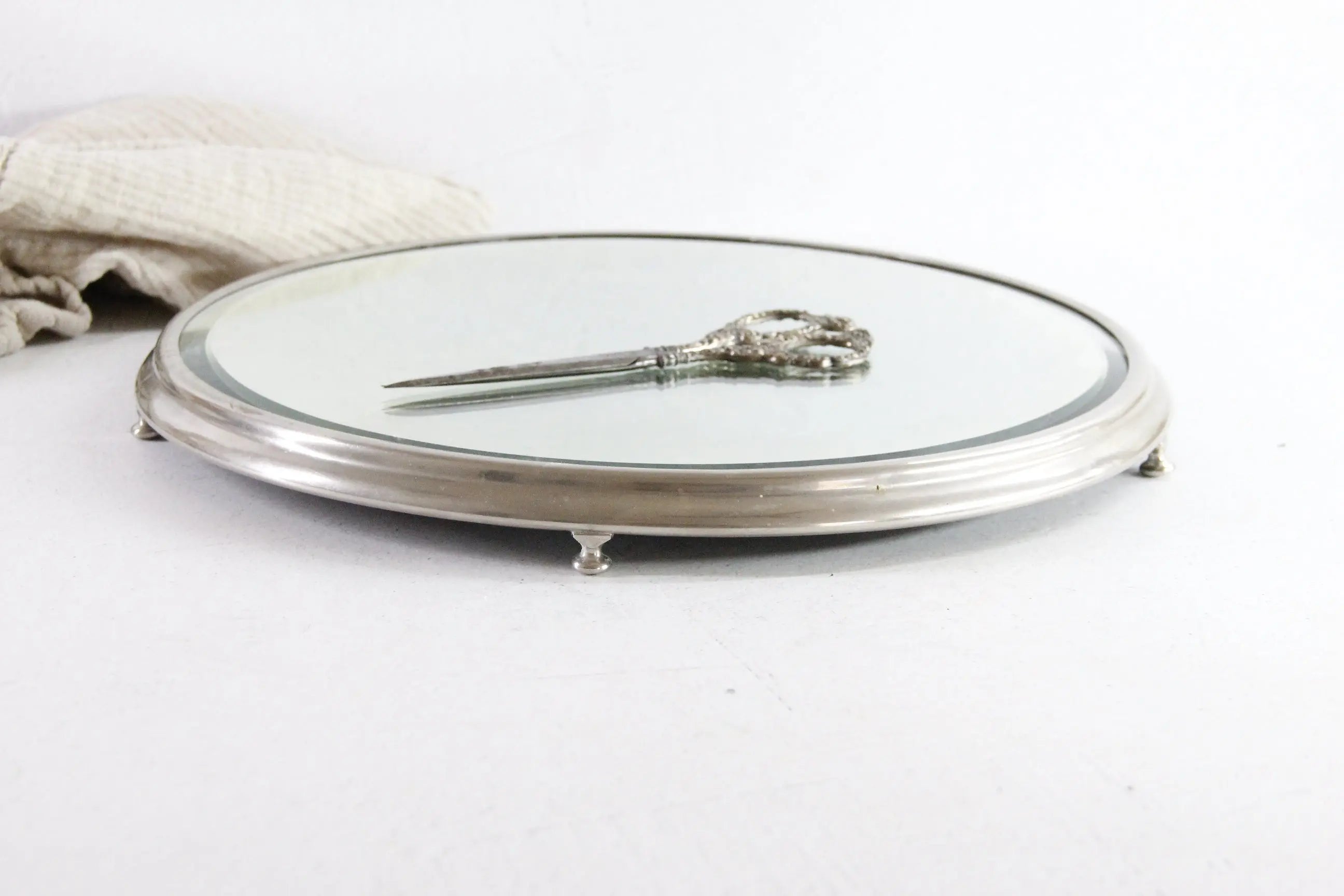 Antique Mirror Plateau | Art Deco Footed Nickel Tray