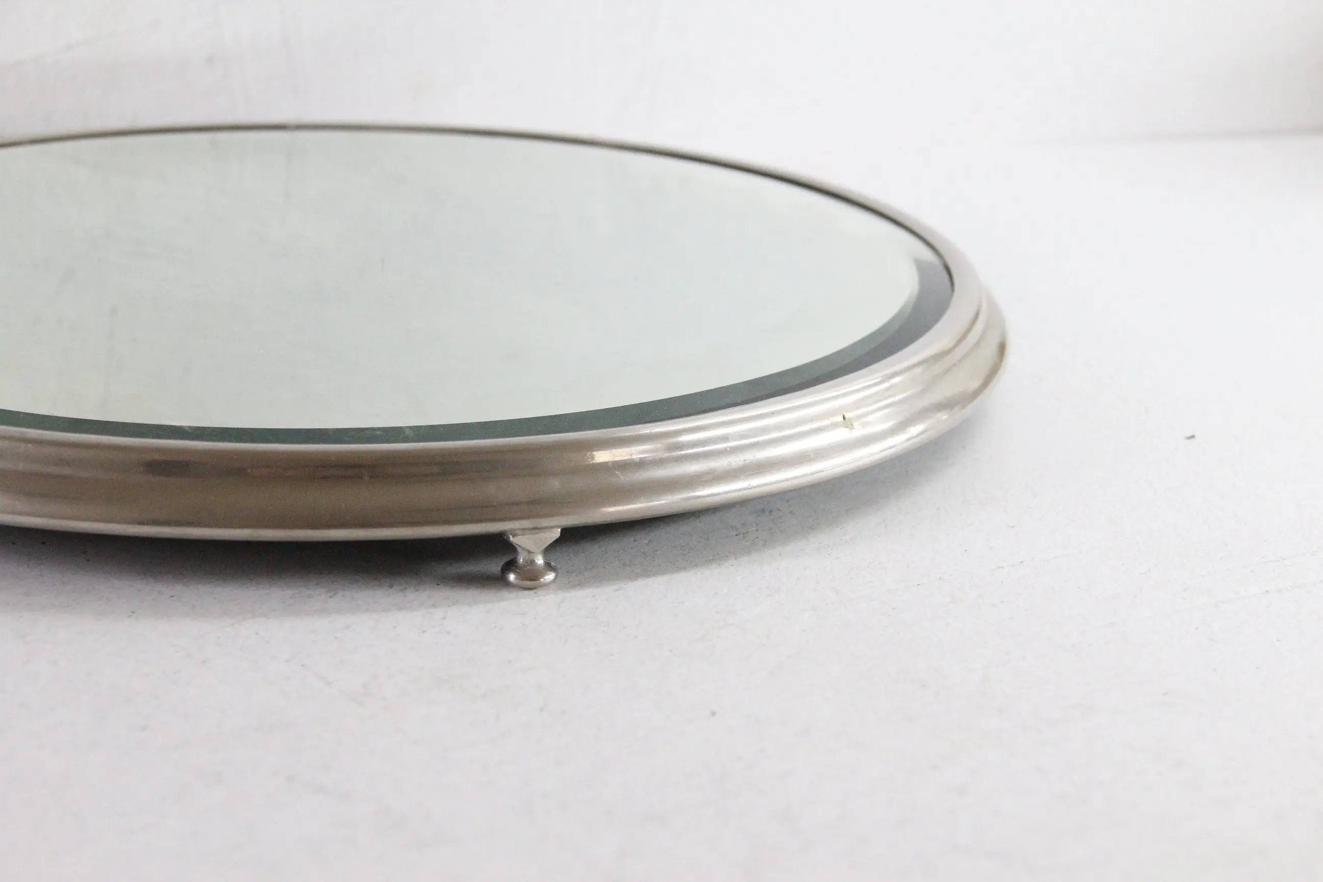 Antique Mirror Plateau | Art Deco Footed Nickel Tray