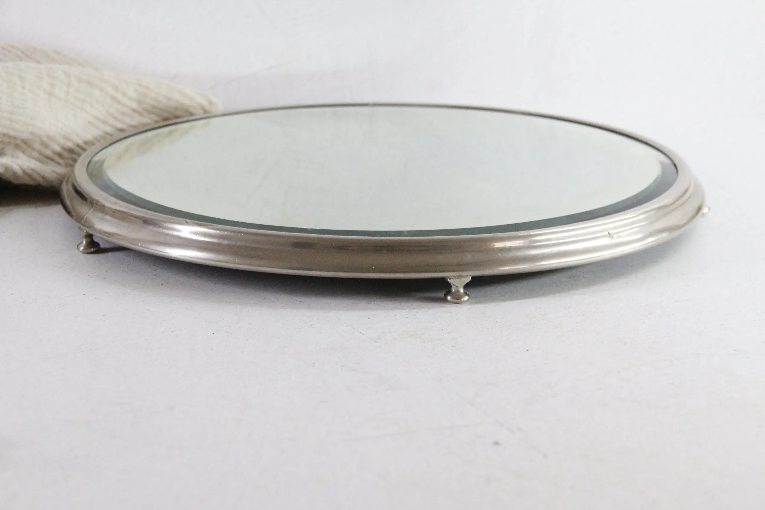 Antique Mirror Plateau | Art Deco Footed Nickel Tray