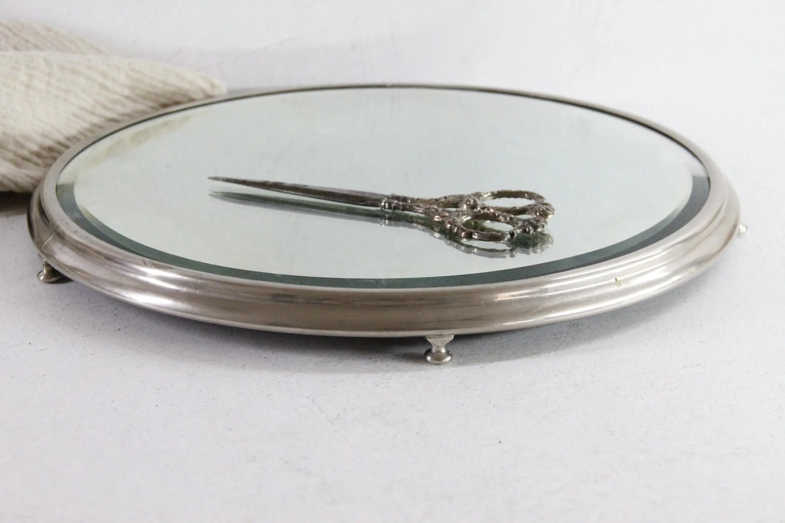 Antique Mirror Plateau | Art Deco Footed Nickel Tray
