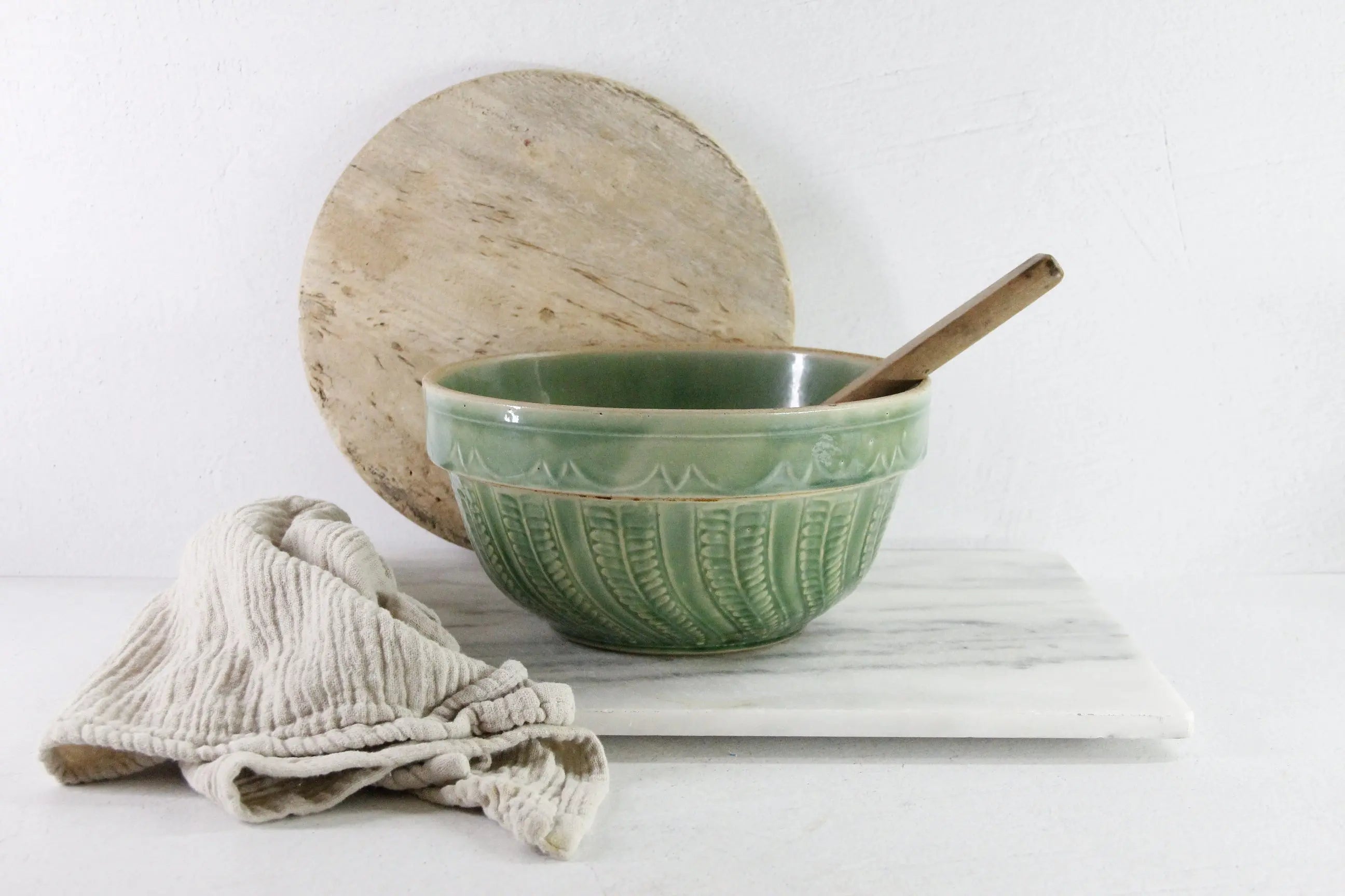 Antique Pottery Green Mixing Bowl | Arches Fish Scale Pattern