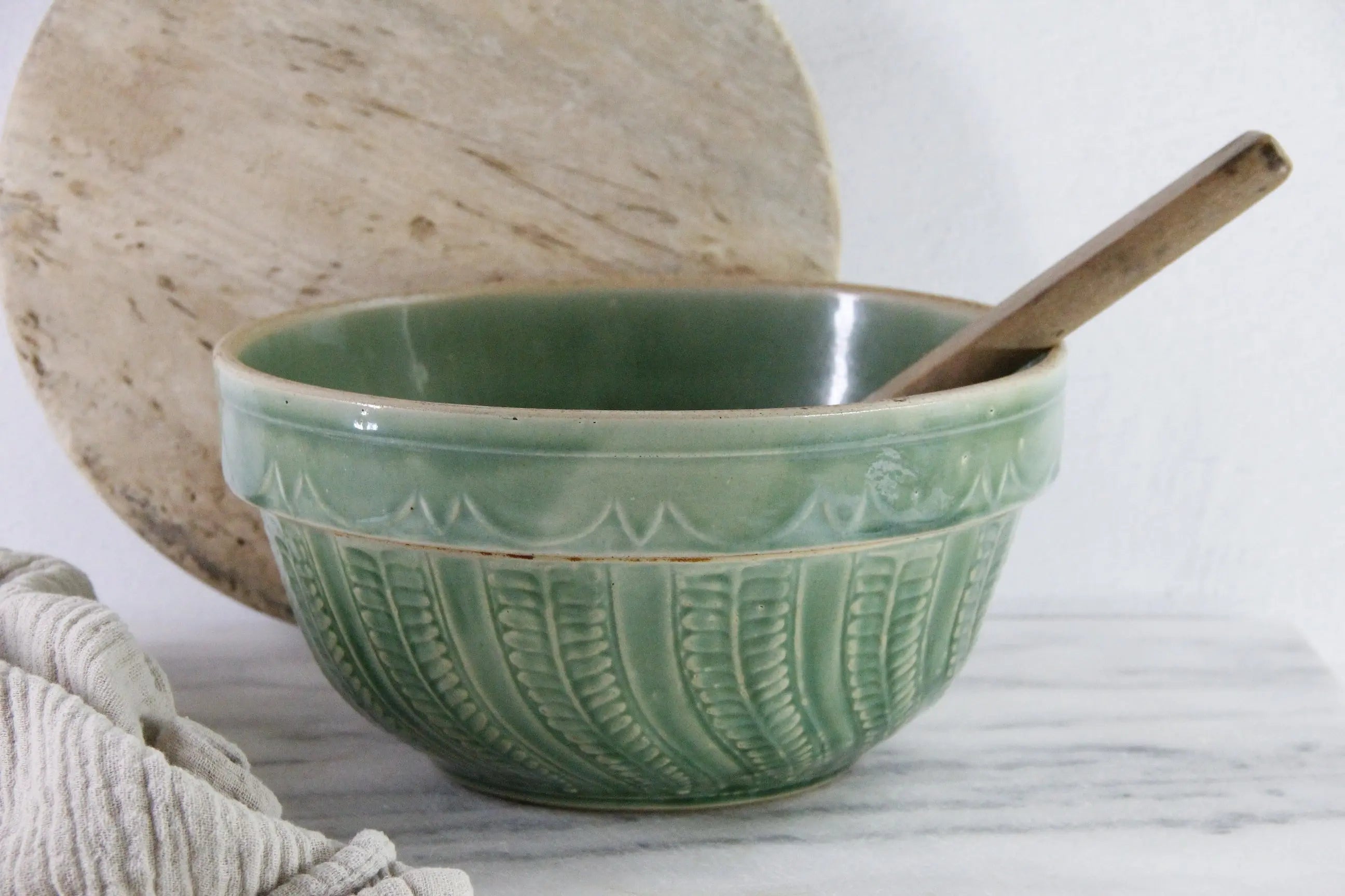 Antique Pottery Green Mixing Bowl | Arches Fish Scale Pattern