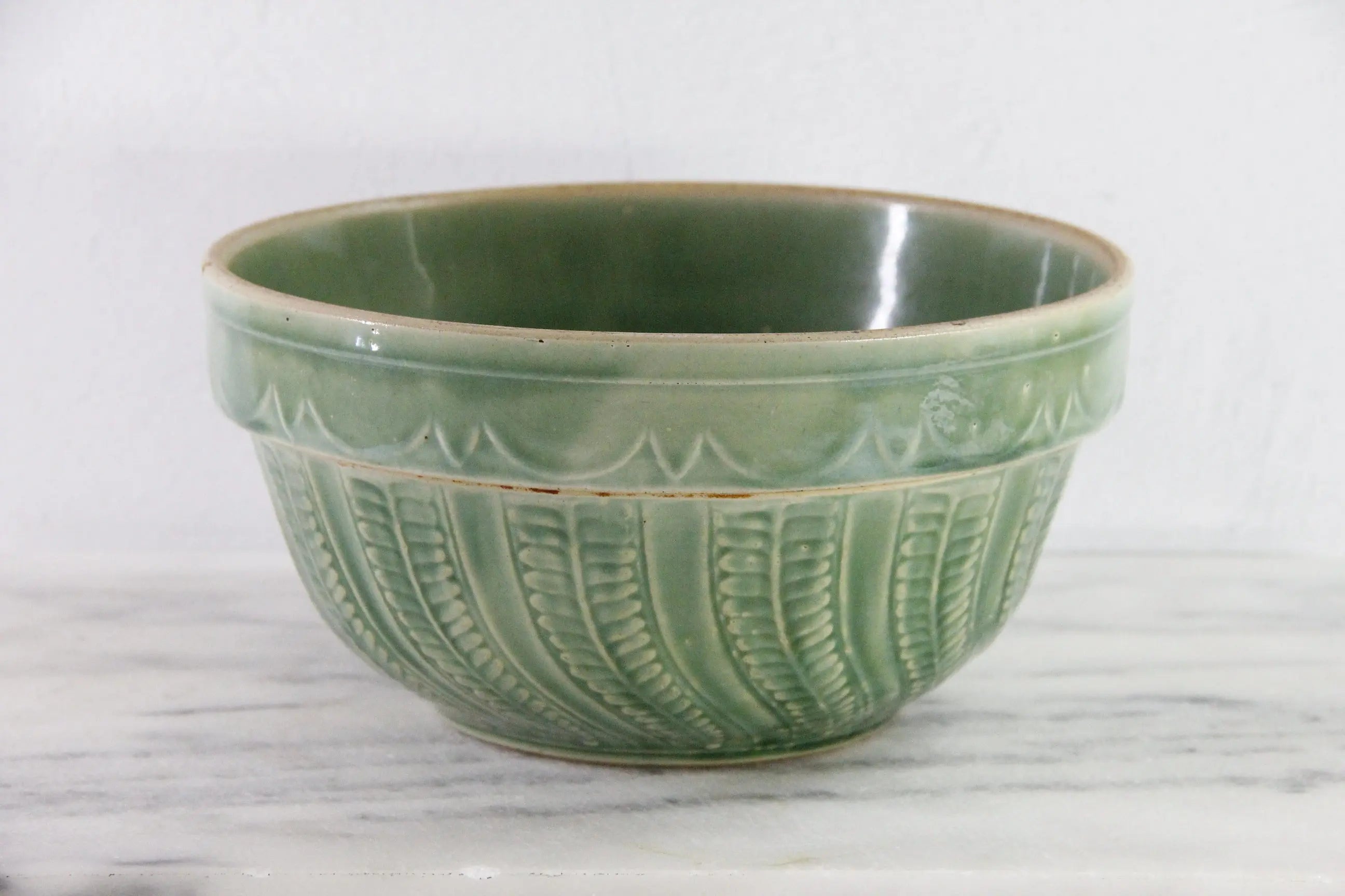 Antique Pottery Green Mixing Bowl | Arches Fish Scale Pattern