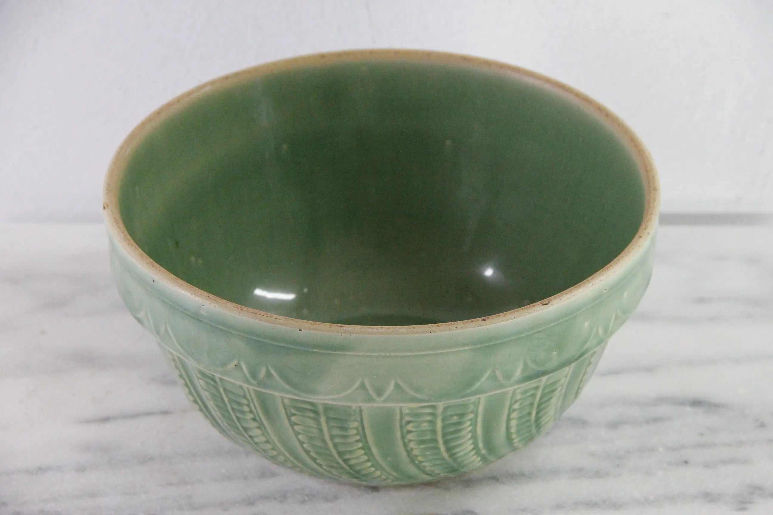 Antique Pottery Green Mixing Bowl | Arches Fish Scale Pattern
