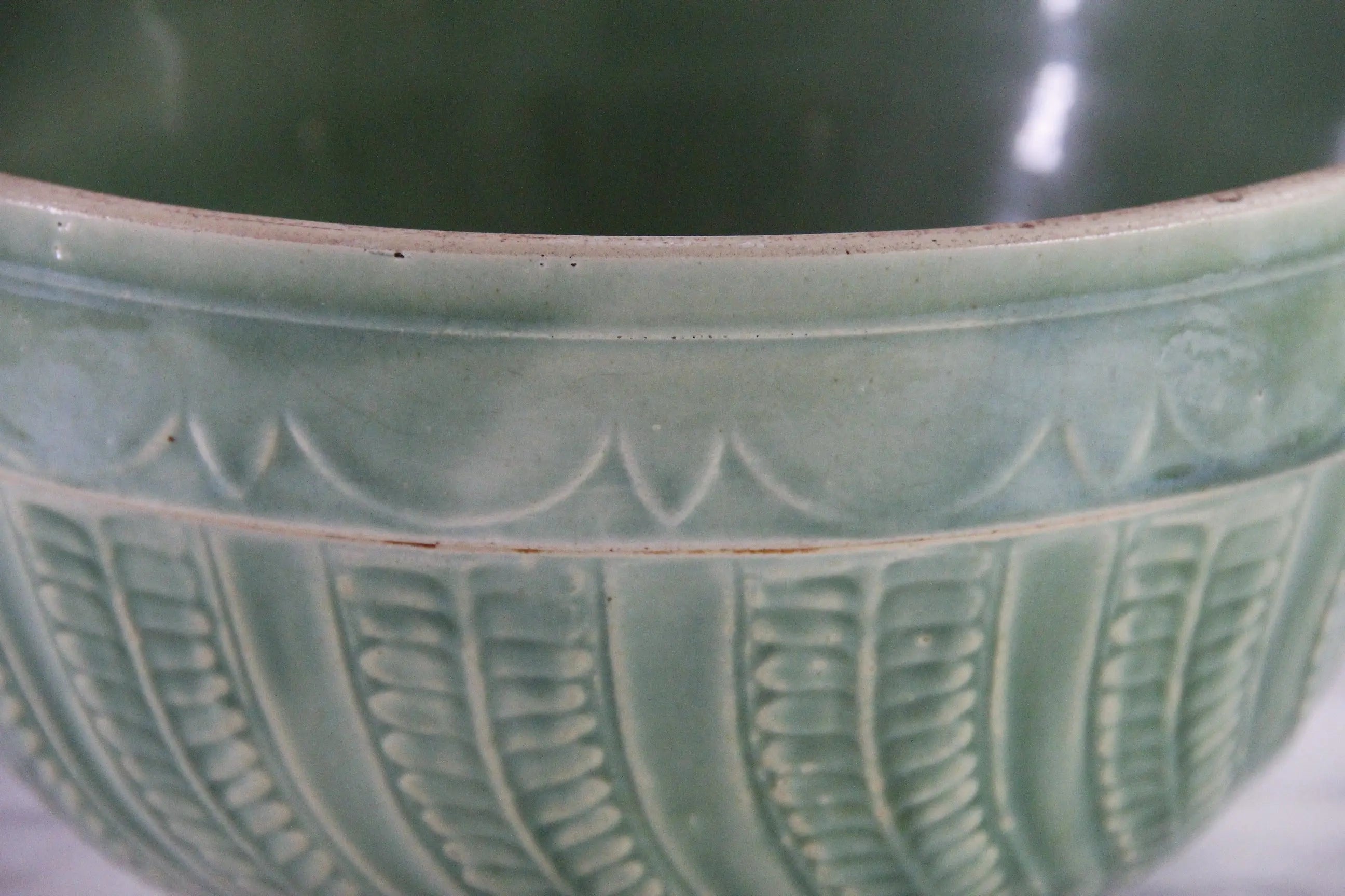 Antique Pottery Green Mixing Bowl | Arches Fish Scale Pattern