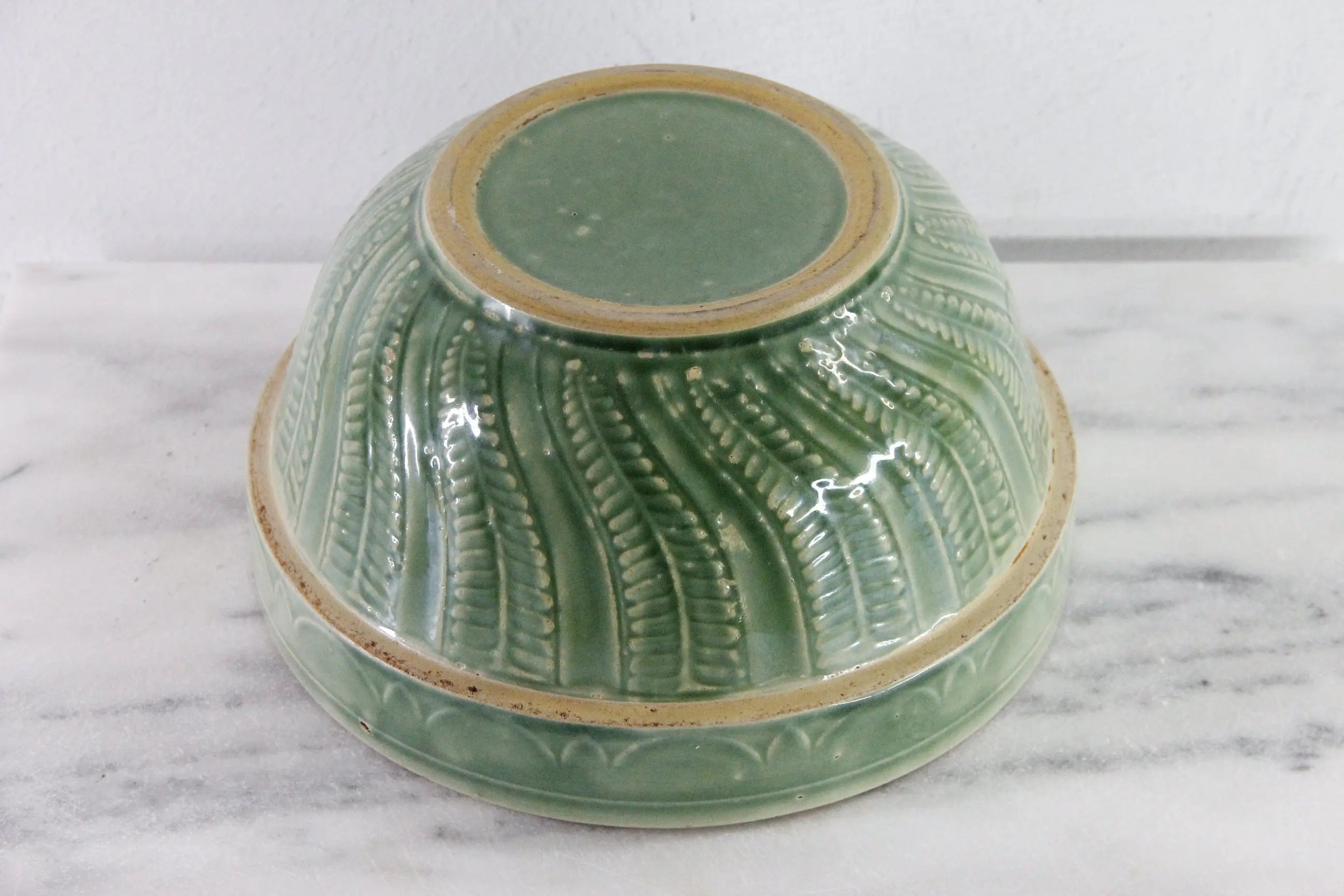 Antique Pottery Green Mixing Bowl | Arches Fish Scale Pattern