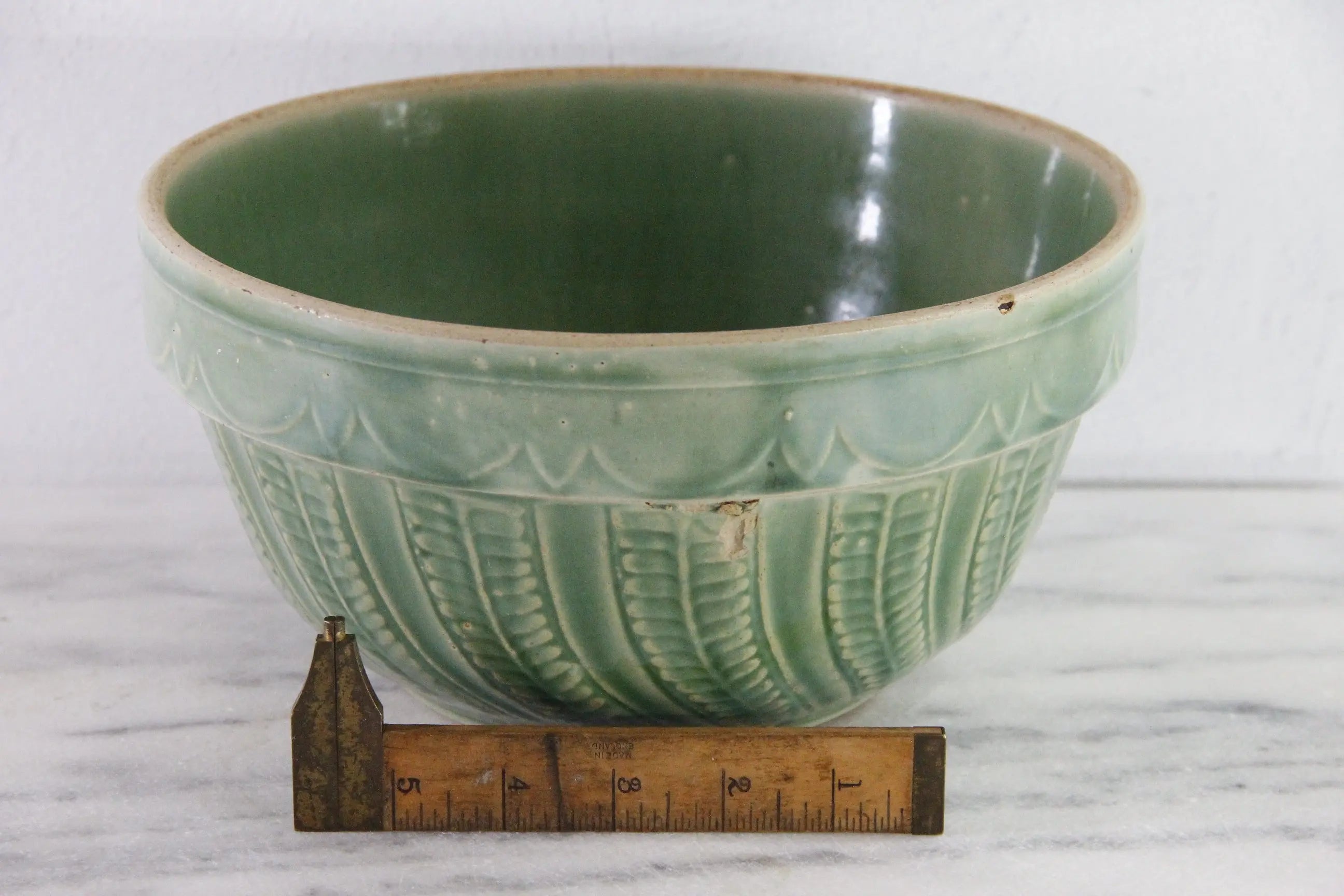 Antique Pottery Green Mixing Bowl | Arches Fish Scale Pattern