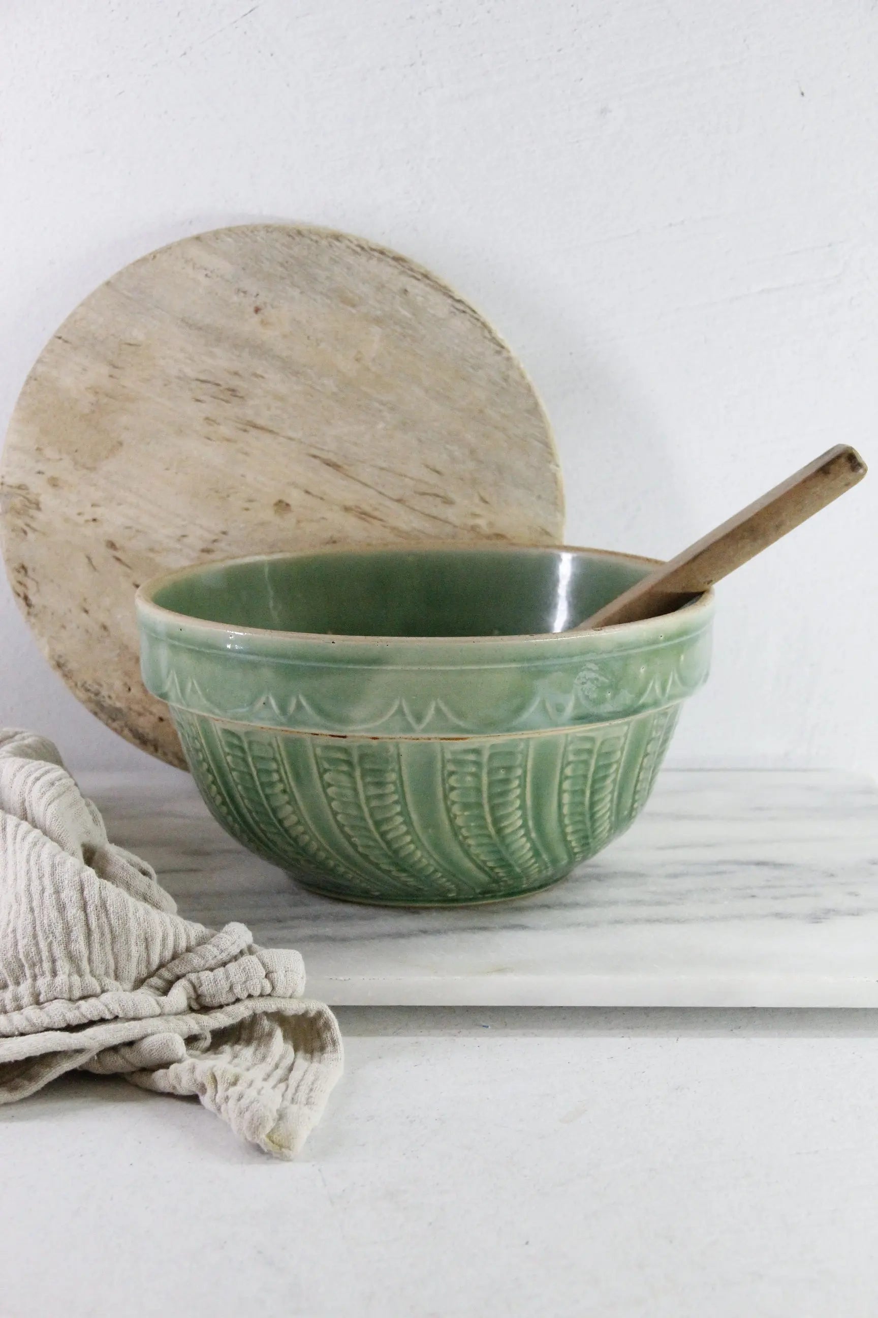 Antique Pottery Green Mixing Bowl | Arches Fish Scale Pattern